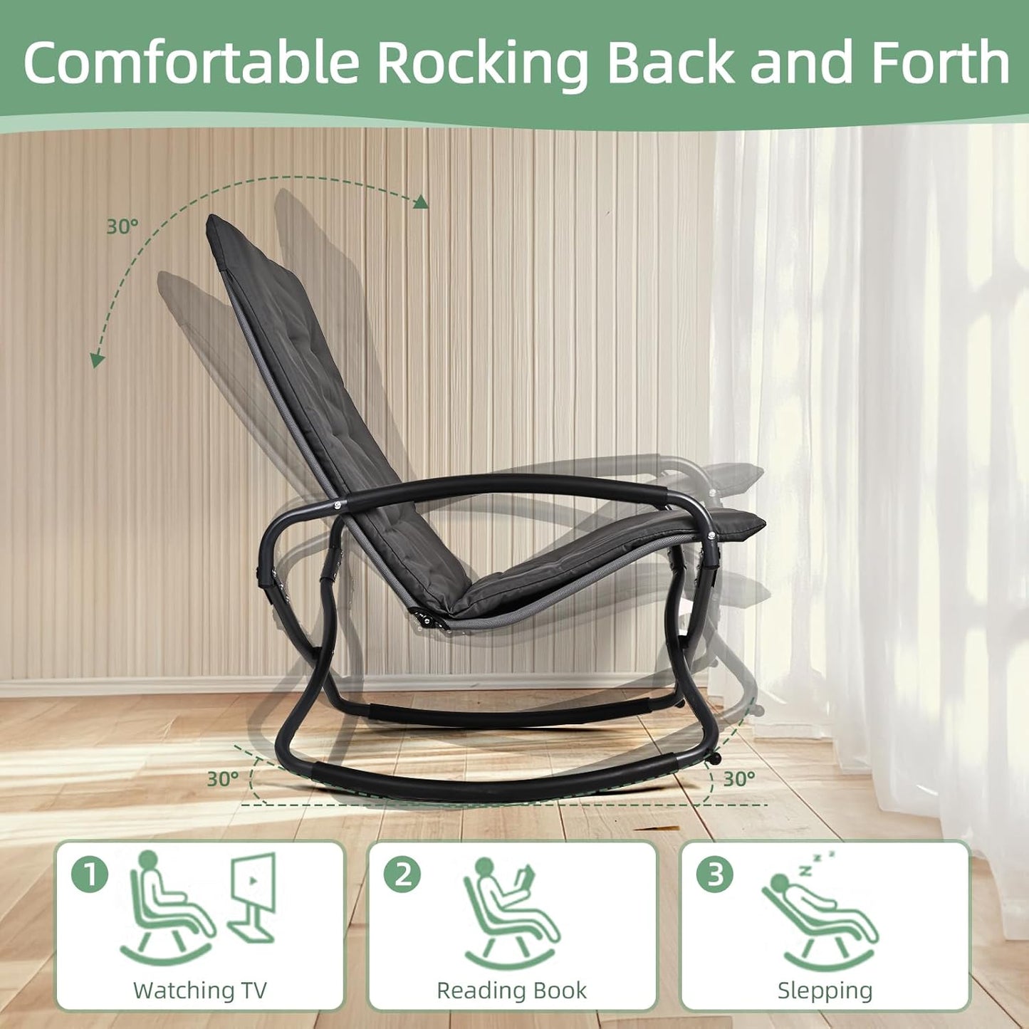 Rocking Folding Chair Comfy Recliner Chair with Puffy Cushion Suitable for Porch Deck, Garden, Patio Lounge Set, Gray，Weather Resistant Textilene Fabric Space-Saving 330lbs Capacity