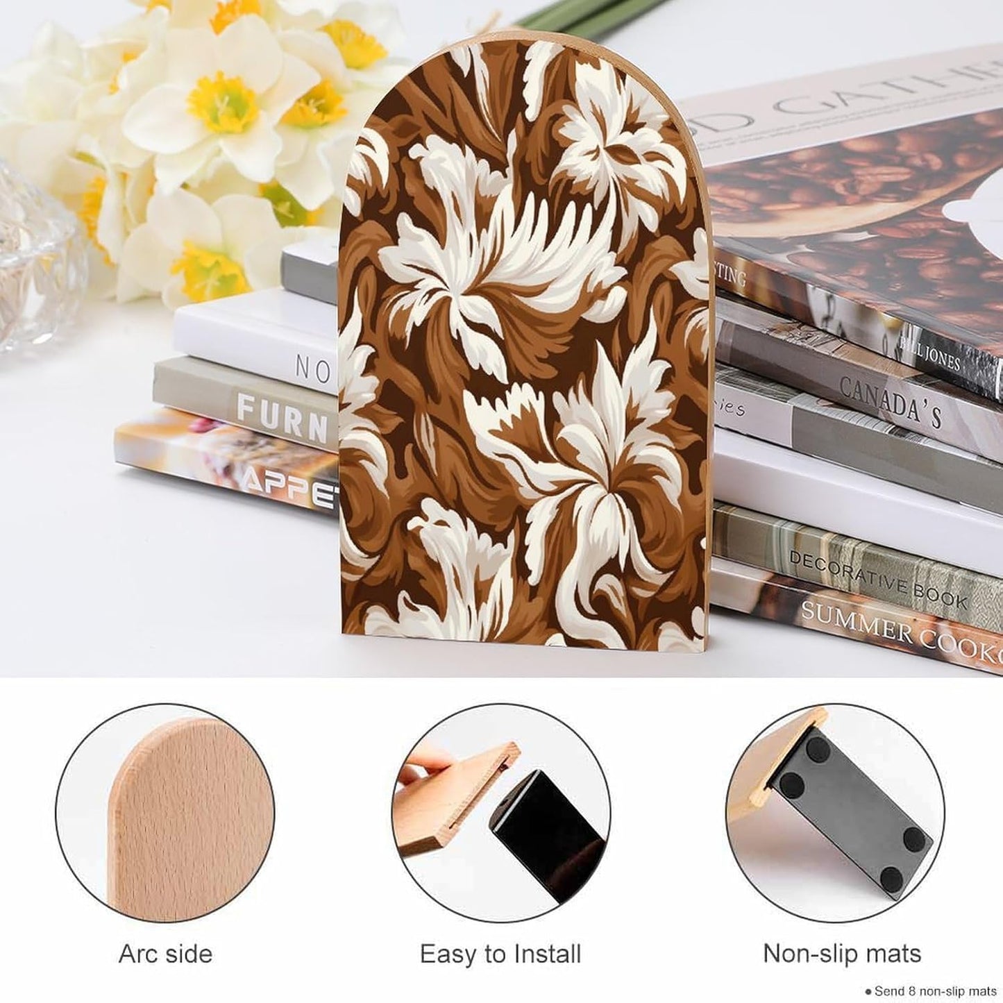 Brown and White Pattern Bookends 1 Pair Heavy Duty Book Ends for Shelves Non-Skid Bookend Supports Wooden Book Holders with Metal Base Desk Organizers Books Storage to Hold Books