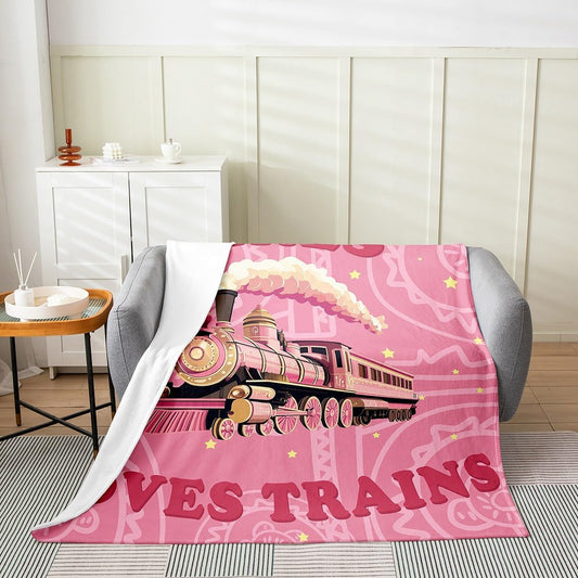 Feelyou Girls Pink Vintage Train Fleece Throw Blanket Baby 30"x40" Retro Steam Engine Flannel Blanket Plush Fuzzy Kids Railway Track Vehicle Locomotive Transport for Bed Couch Chair Living Room