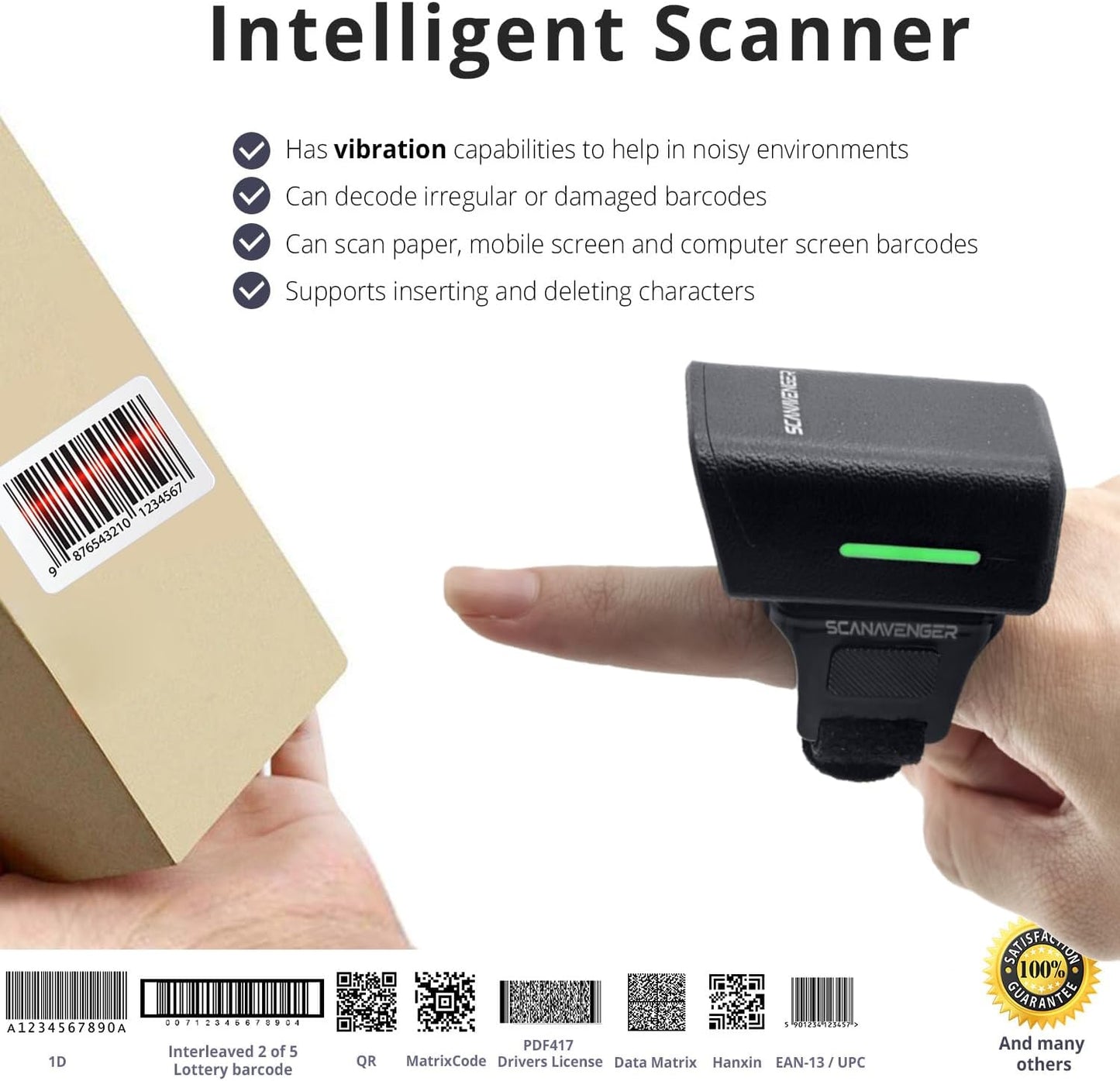 ScanAvenger 1D 2D QR Ring Barcode Scanner – Wearable Mini Bluetooth Wireless Finger Reader, USB & 2.4GHz, Compatible with iOS, Android, Windows, for Warehouse, Store & Inventory Use