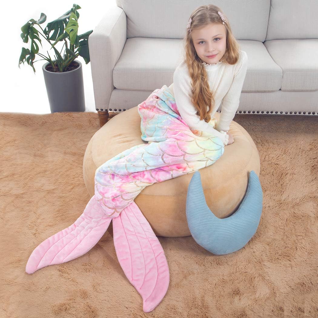 COSUSKET Mermaid Tail Blanket for Girls, All Seasons Soft Premium Colorful Fish Scale Design Snuggle