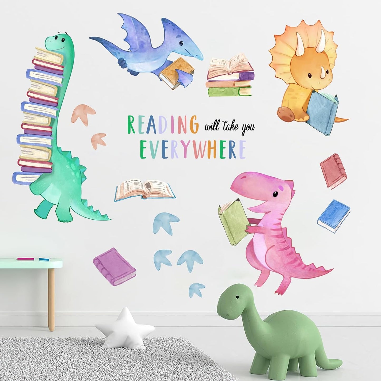 Yovkky Dinosaur Book Reading Corner Inspirational Wall Decals Stickers, Reading Will Take You Everywhere Toddler Nursery Classroom Decor, Positive Quote Home Decorations Kids Bedroom Study Room Art