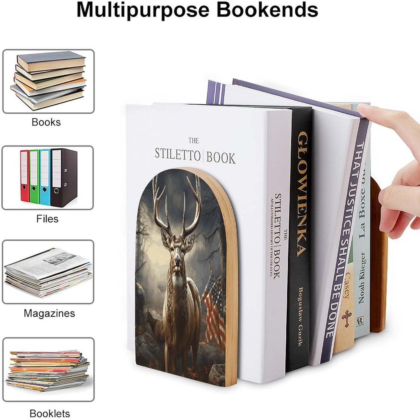 Deer Hunting Season Bookend for Shelves Wooden Book End Large Size Sturdy Book Holders Stoppers with Metal Base for Bookshelves Slick Decorative Bookends Stands