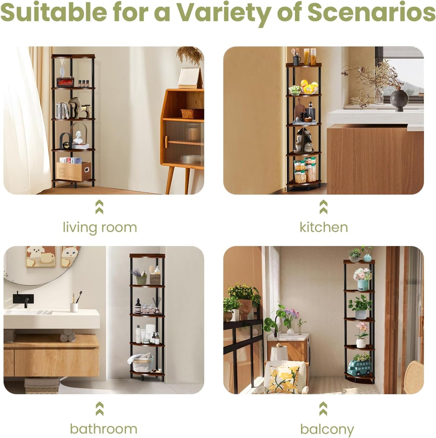5Tier Wood Corner Shelf Stand:Tall Corner Bookshelf Storage Organizer for Living Room/Bedroom/Bathroom/Kitchen/Home Office,Display Corner Shelves for Small Space,Rustic Brown Esquineros de Sala