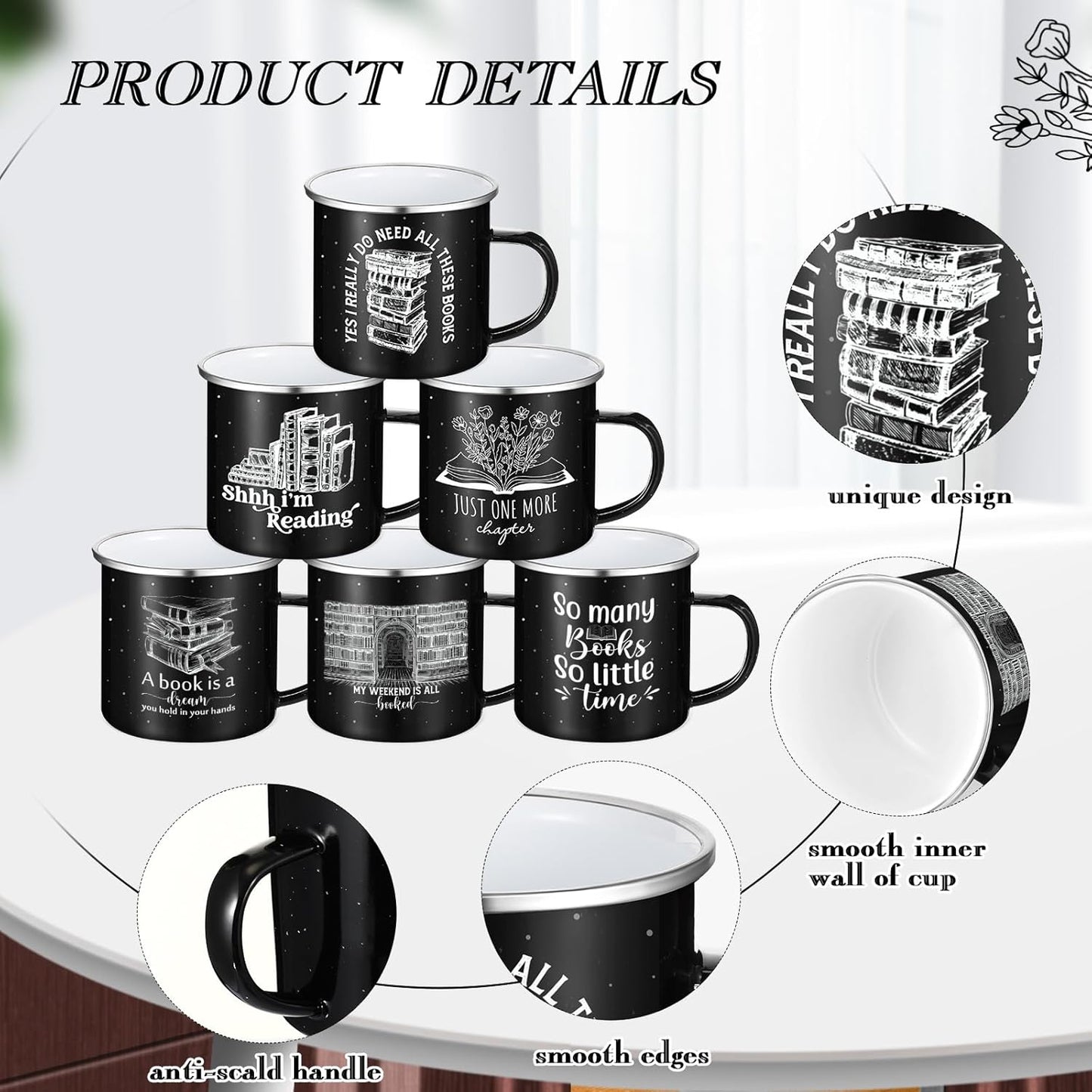 Hushee 6 Pack Book Lovers Gifts Enamel Mugs 12oz Book Coffee Mugs for Women Librarians Coffee Drinking Cups Gift for Bookish Men Writers Reader Library Reading Teacher, 6 Style(Black)