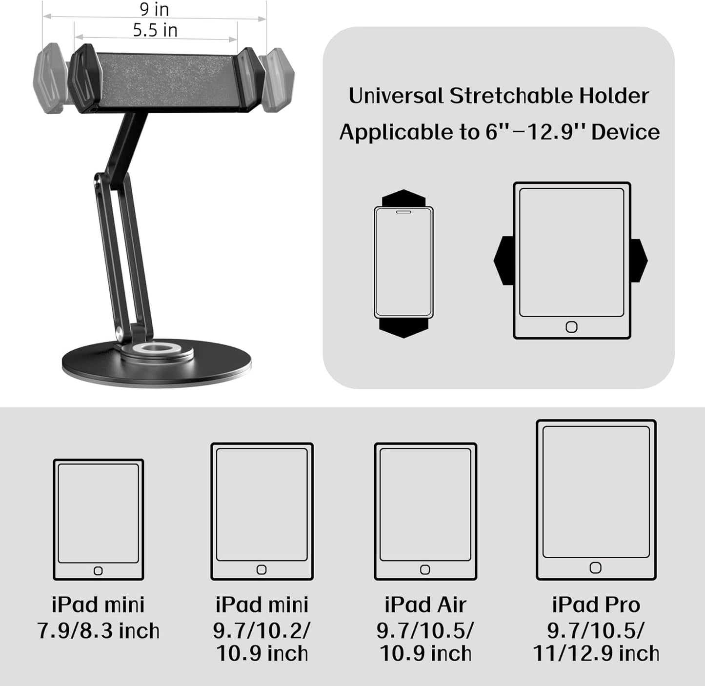 pzoz Retail Kiosk iPad Stand, 360°Rotate POS Tablet Stand, Fits 6-12.9" iPad mini Pro-Business Supplies Swivel Tablet Holder for Store Cash Register Office Reception Kitchen Desktop Display