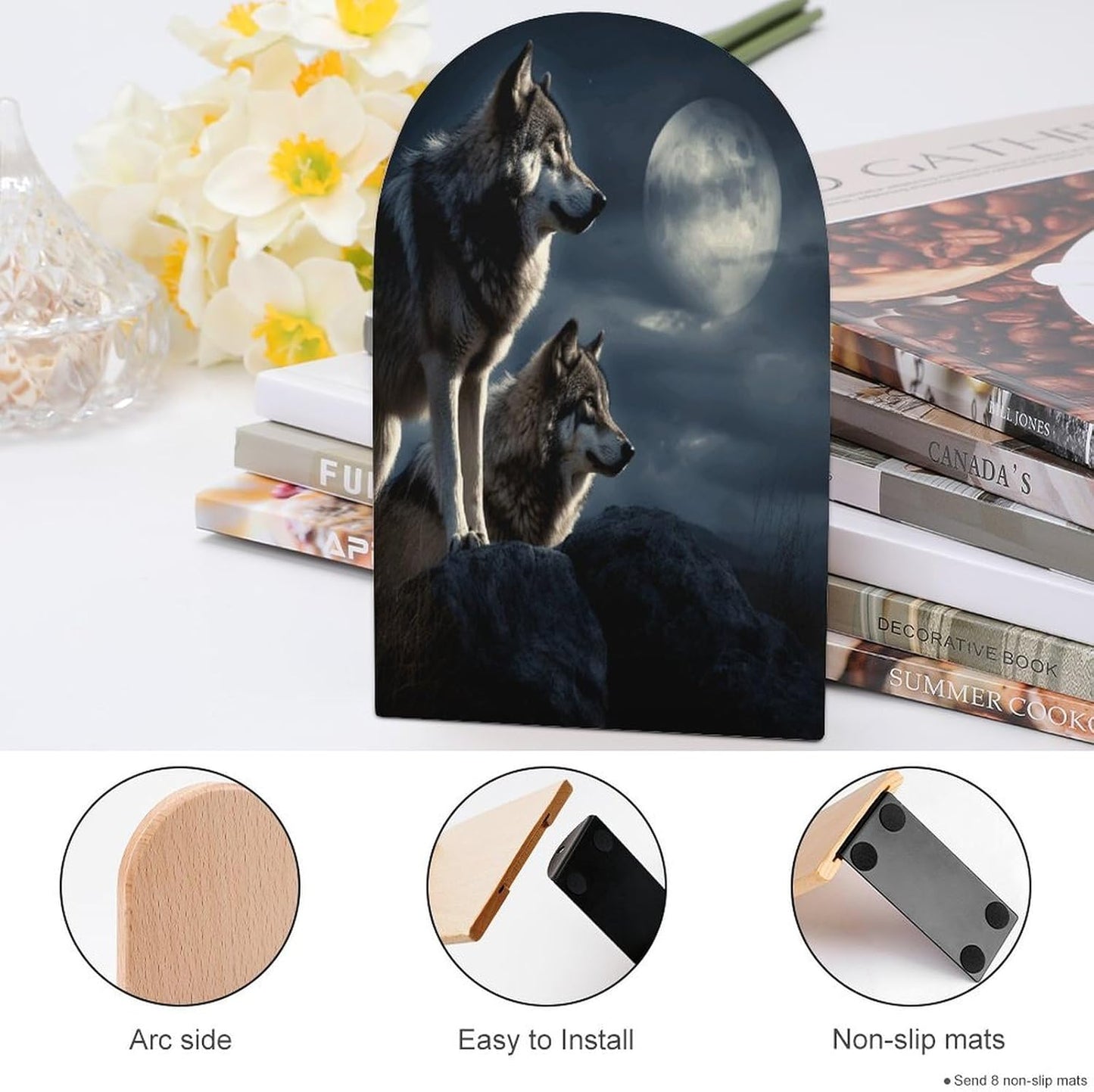 Wolves in The Moonlight Bookend for Shelves Wooden Book End Large Size Sturdy Book Holders Stoppers with Metal Base for Bookshelves Slick Decorative Bookends Stands