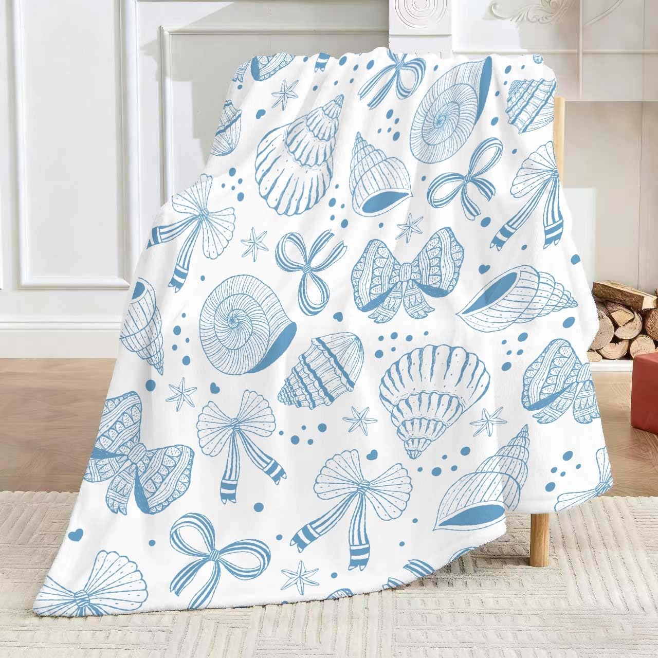 MASLEK Coastal Shell Blanket Soft Cozy Flannel Throw Blue Bow Nautical Theme Soft Cozy Flannel Fleece Blankets for Sofa Couch Bed Room Birthday Decor, 50 x 60 Inch