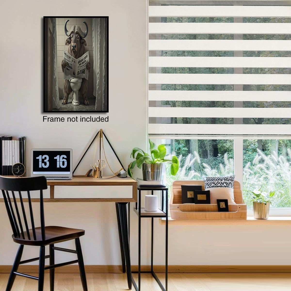 Exaggerated Animal Canvas Wall Art Water Buffalo Sitting On The Toilet Reading Newspaper Wall Decor Dark Brown Poster Print Artwork For Living Room Yoga Room Hotel Bedroom Home Decoration 24 X 36 Inch