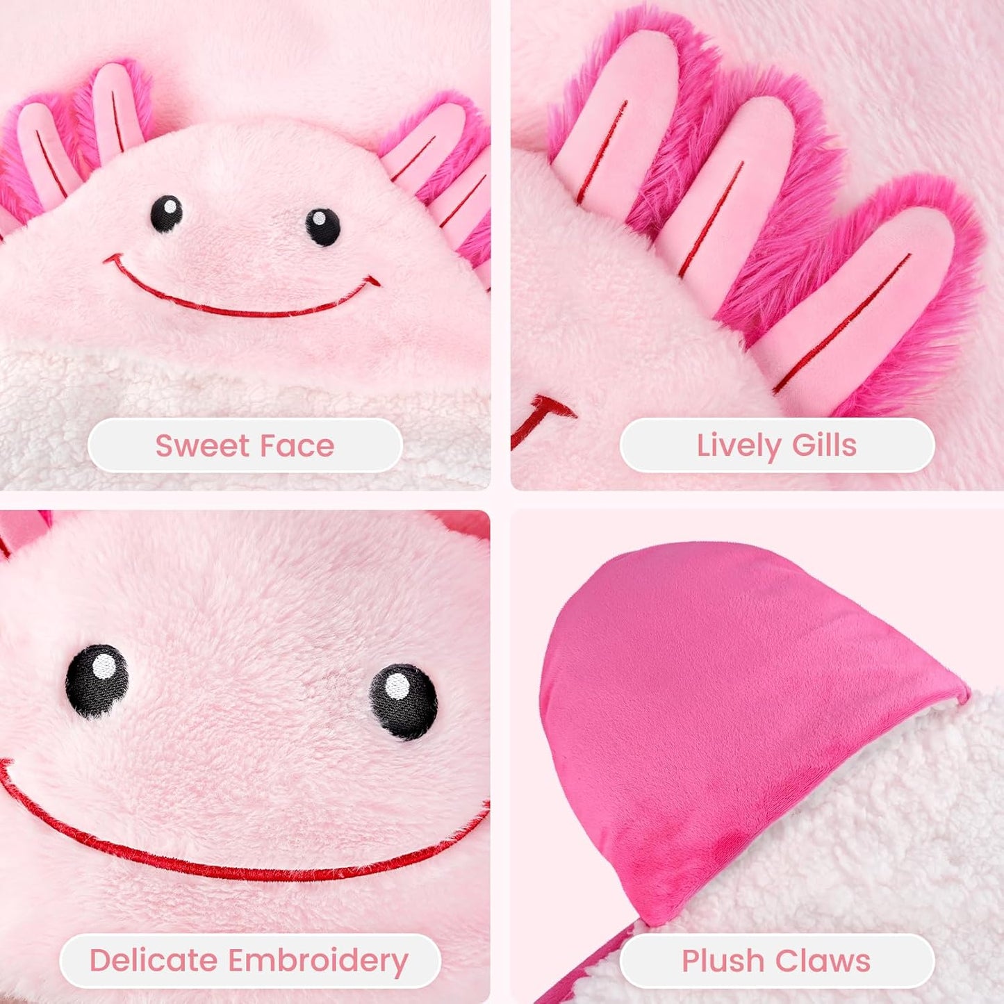 Axolotl Wearable Blanket Hoodie for Women & Kids, Premium Soft Thick Plush & Sherpa Fleece for Ultra Warmth, Pink Throw Wrap With Giant Hood, Easy Movement, Axolotl Gifts for Girls Adults, Oversized