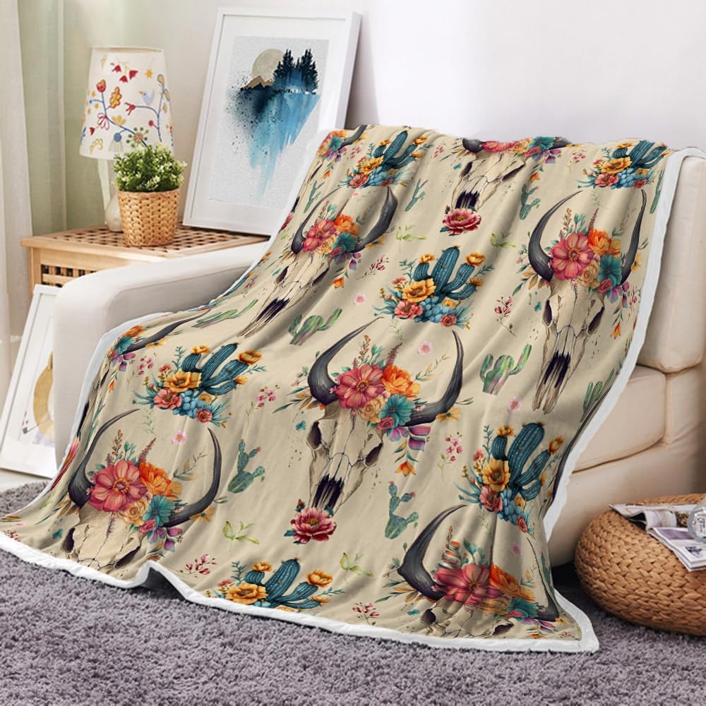 NYMB Western Boho Throw Blanket, Bohemian Cowboy Southwestern Bull Skull Warm and Cozy Fleece Throw Blanket for Bed, Couch, Native Aztec Cactus Farmhouse American West Travel Camping Blanket, 50X60in