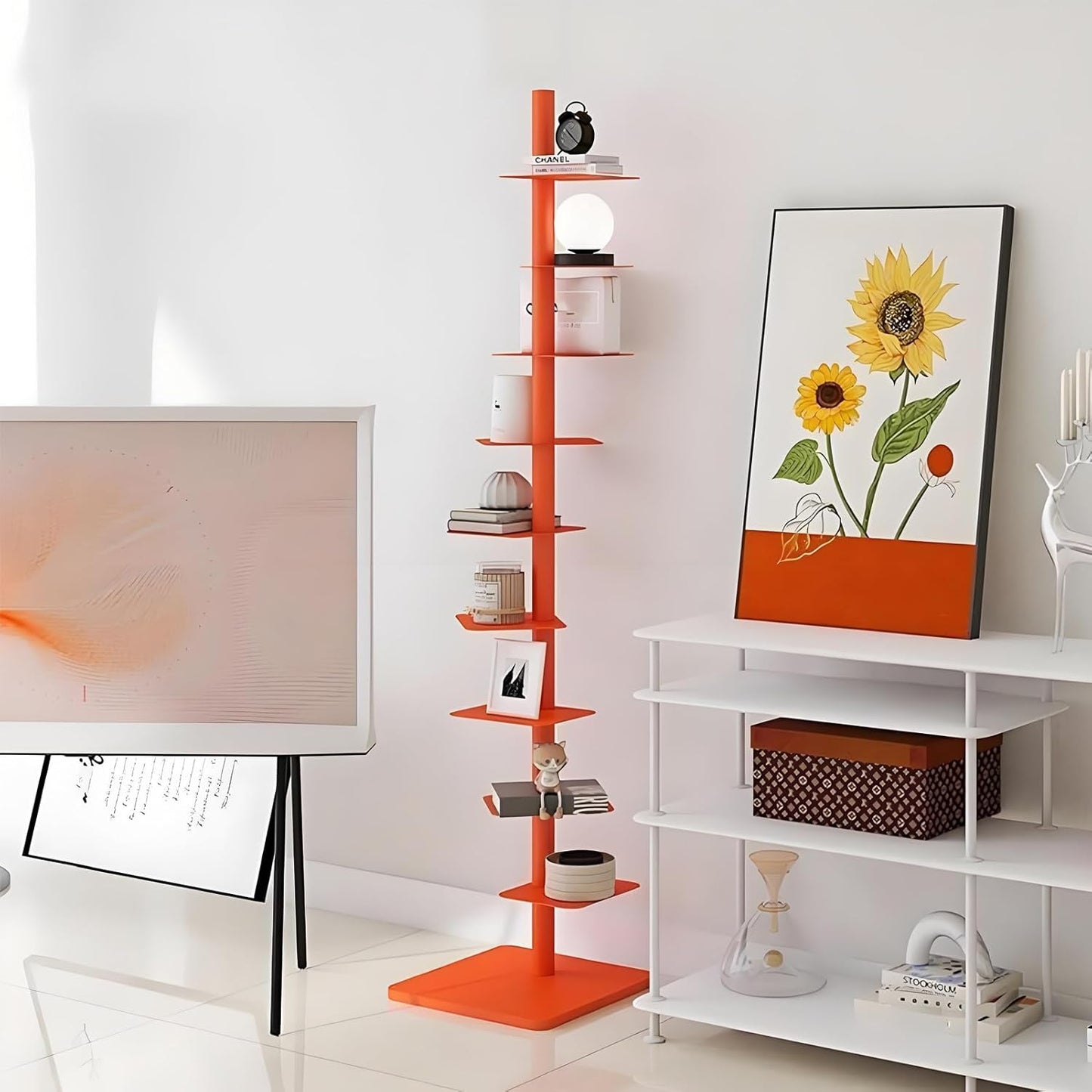 9-Tier Rotating Book Shelf, 360° Spin Metal Spine Book Tower, Tall Narrow Corner Bookcase, Floor Standing Storage Shelf for Bedroom, Living Room, Home Office - White