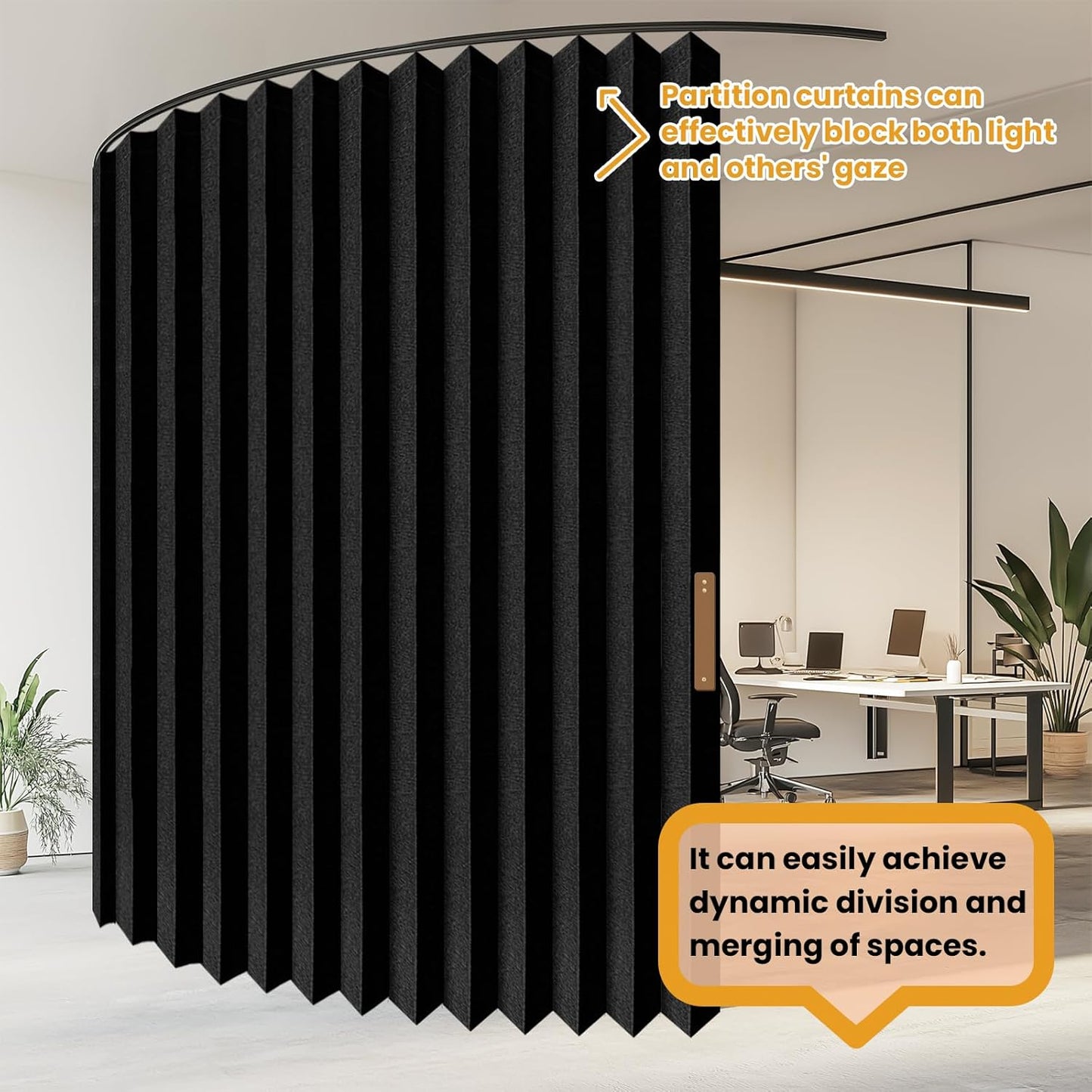 Accordion-Style Room Divider with Ceiling Track - Foldable Partition Curtain, Easy Installation(Black 100" W x 84" L-Pack of 1)