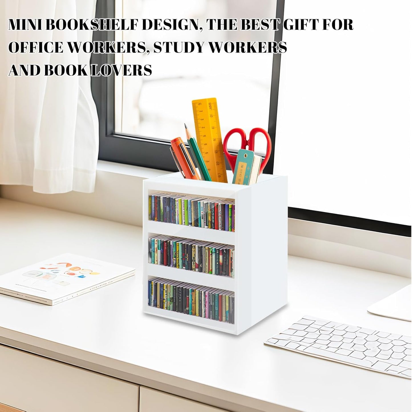 Anxiety Bookshelf Ornament Mini Bookshelf Miniature Library with 100pcs Mini Books, Mini Bookstore, Shake Off Your Anxiety, Bookmark or Pencil Holder Organizer for Book Lovers Home Decor (White)
