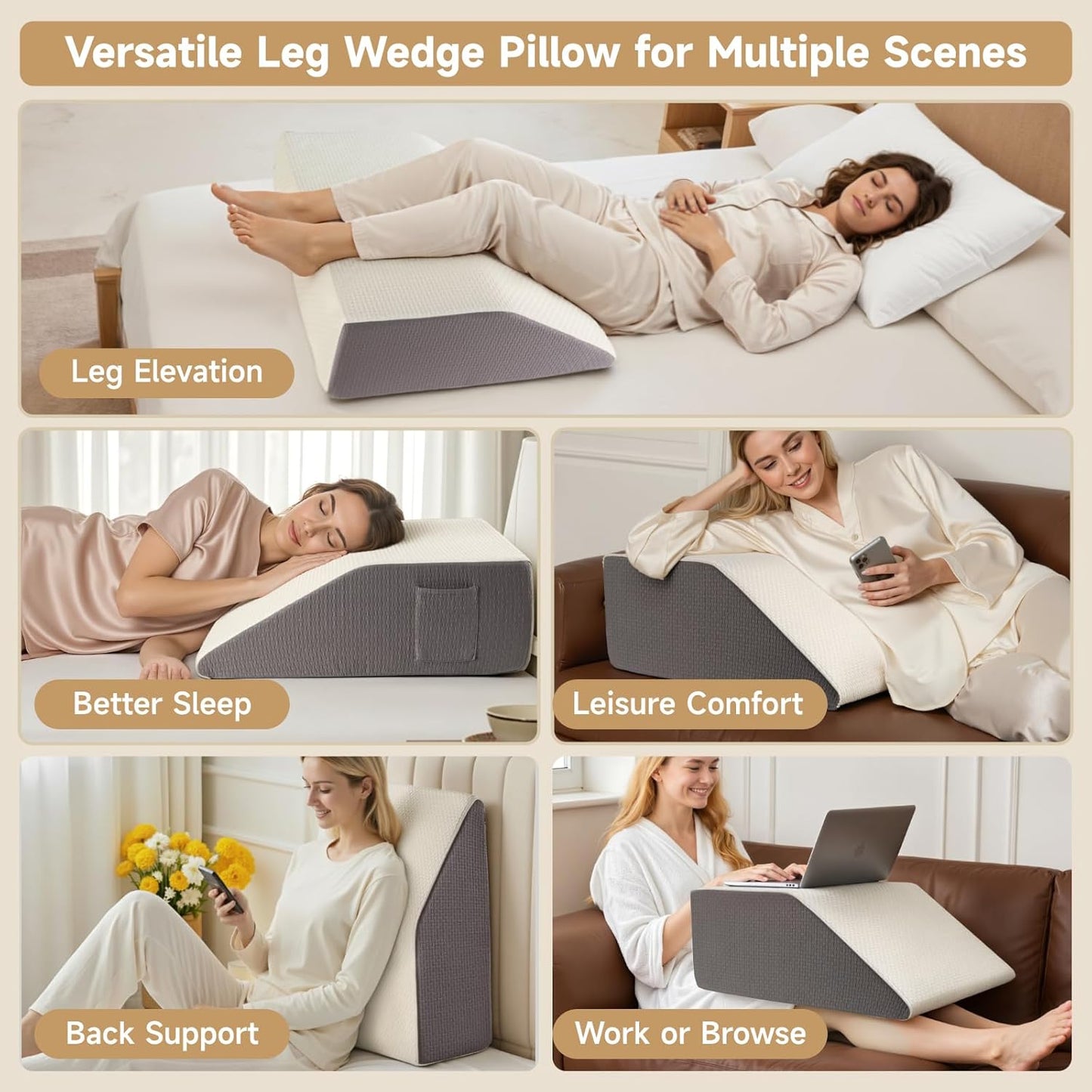 8" Leg Elevation Pillow, Leg Wedge Pillow for Swelling and Blood Circulation, Leg Pillow for After Surgery Recovery, Knee Hip Ankles Back Pain Relief, Knee Pillow for Sleeping, Removable Cover, Grey