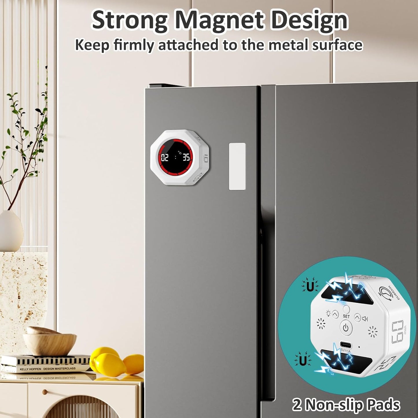 Rechargeable Pomodoro Timer, Magnetic Kitchen Timer for Cooking, 8-Angle Auto-Rotating Screen with Gravity Sensor, 3/5/10/25/30/60min & Custom Countdown for ADHD, Office, Study, Kitchen & Kids