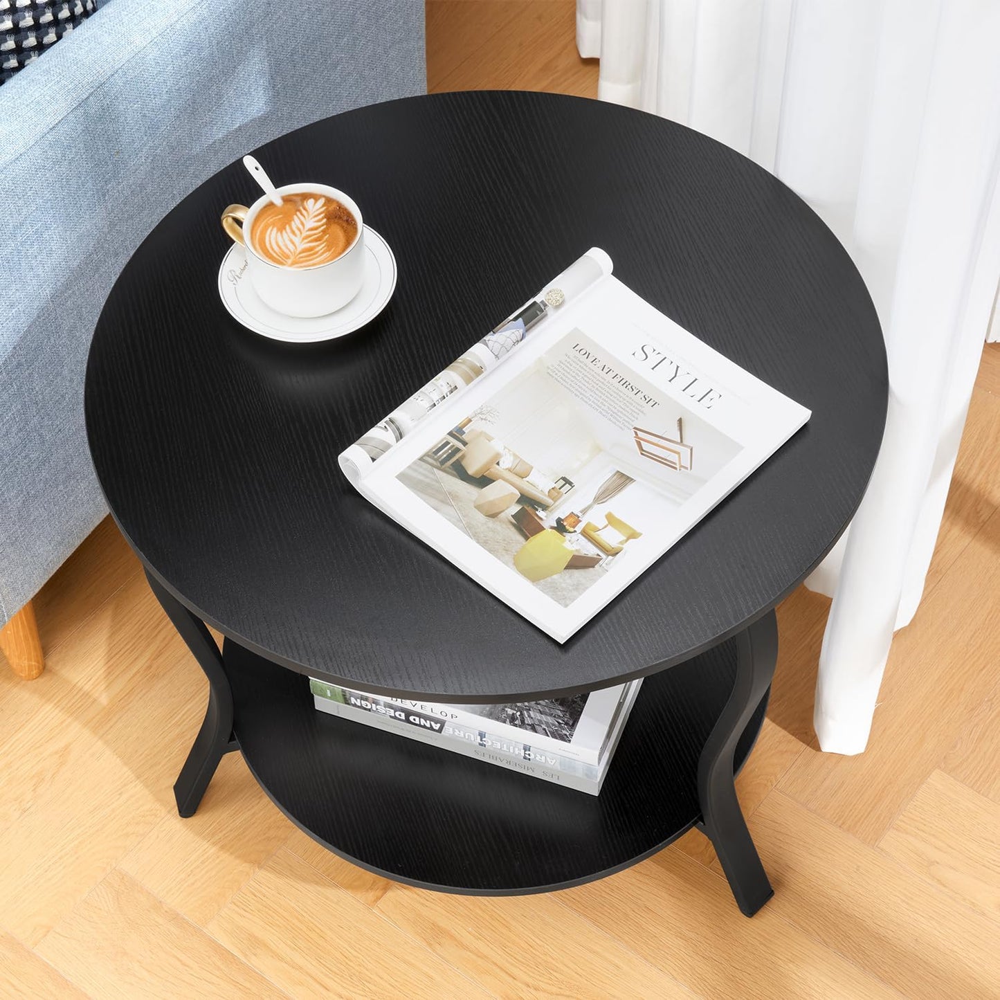 Small Round Coffee Table with Open Storage,23" 2-Tier Coffee Side Tables for Small Space, Accent Center Table Circle Sofa End Table with Wooden Table Top for Living Room Bedroom Apartment,Black
