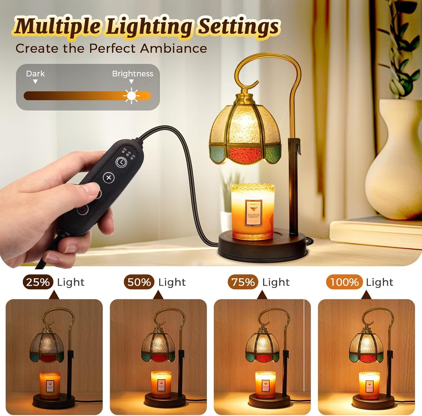 LAYUKI Candle Warmer Lamp with Timer, Dimmable, Adjustable Height, Birthday Gifts for Women Mom, House Warming Gifts New Home Decor, Wax Warmer Lamp for Jar Candles with 2 Bulbs (Colored Shade)