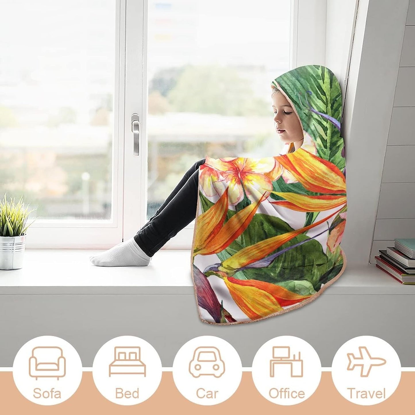 Throw Blankets, Tropical Women Men Hooded Blanket, Exotic Flowers Bird of Paradise, Soft Warm Cozy, 40 x 50inches, Studying Reading Snuggling Napping Office, Multicolor