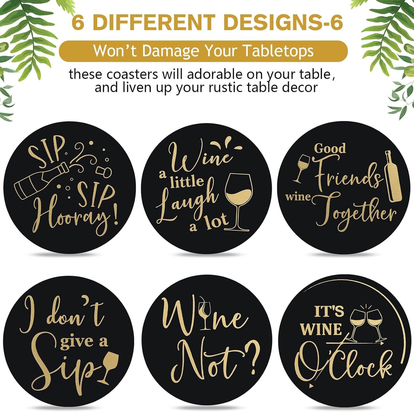 Wine Gifts Coasters for Women Set of 6 Wine Accessories for Lovers House Warming Gifts New Home Funny Cocktail Coasters with Holder for Adults Bar Party, 4 Inch(Black)