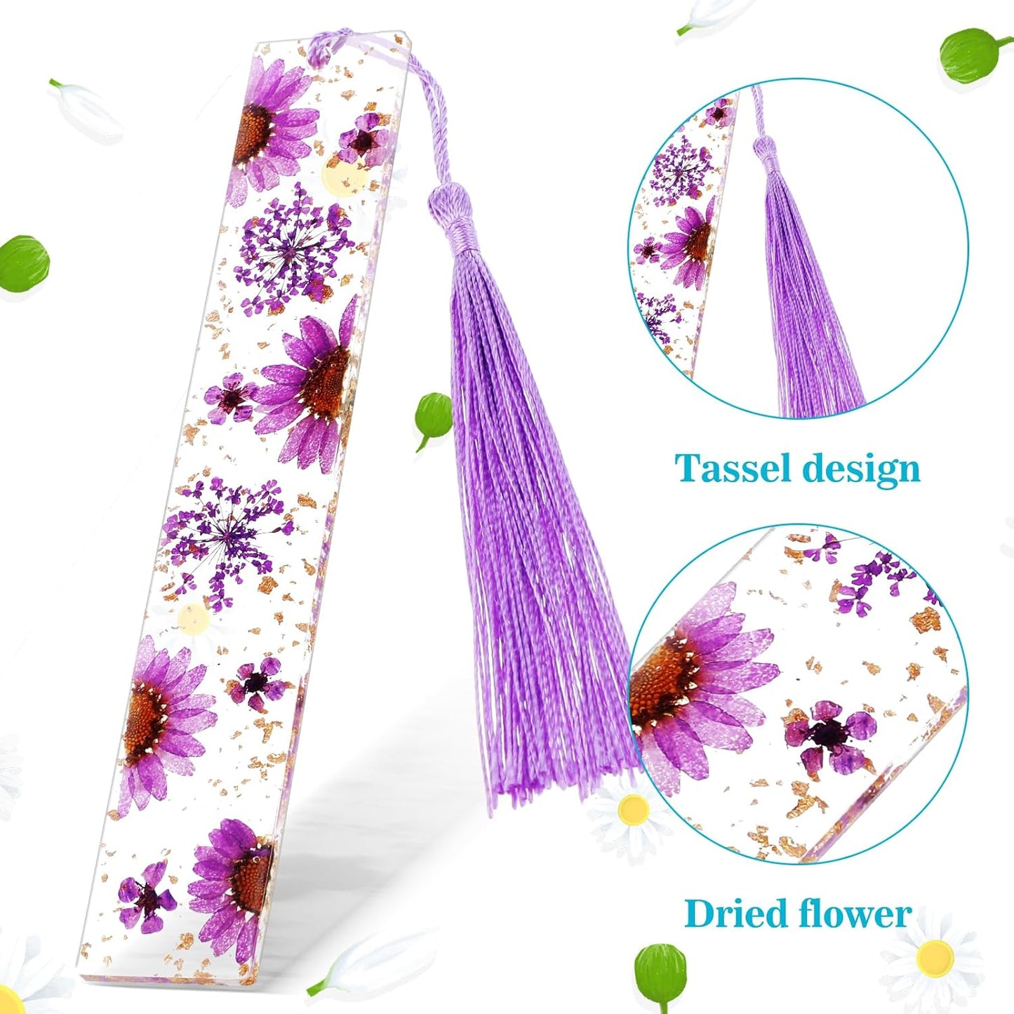 2 Pcs Fan Book Page Holder, Dried Flower Resin Thumb Book Page Holder and Bookmark with Tassel, Book Accessories for Reading Lovers, Gift for Bookworm, Readers, Literary, Students, Teachers