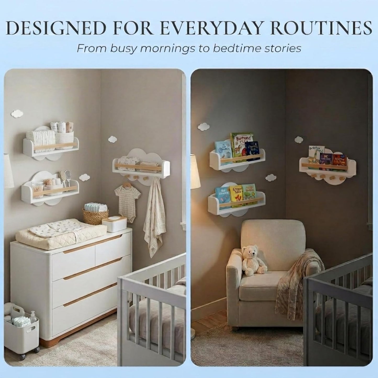 Cloud Floating Shelves Nursery Set of 3 with Decorative Mini Clouds – Wall Mounted Kids Bookshelf with Hooks, Solid Pine Rail, 15 lb Per Shelf Capacity, Nursery & Toddler Wall Decor