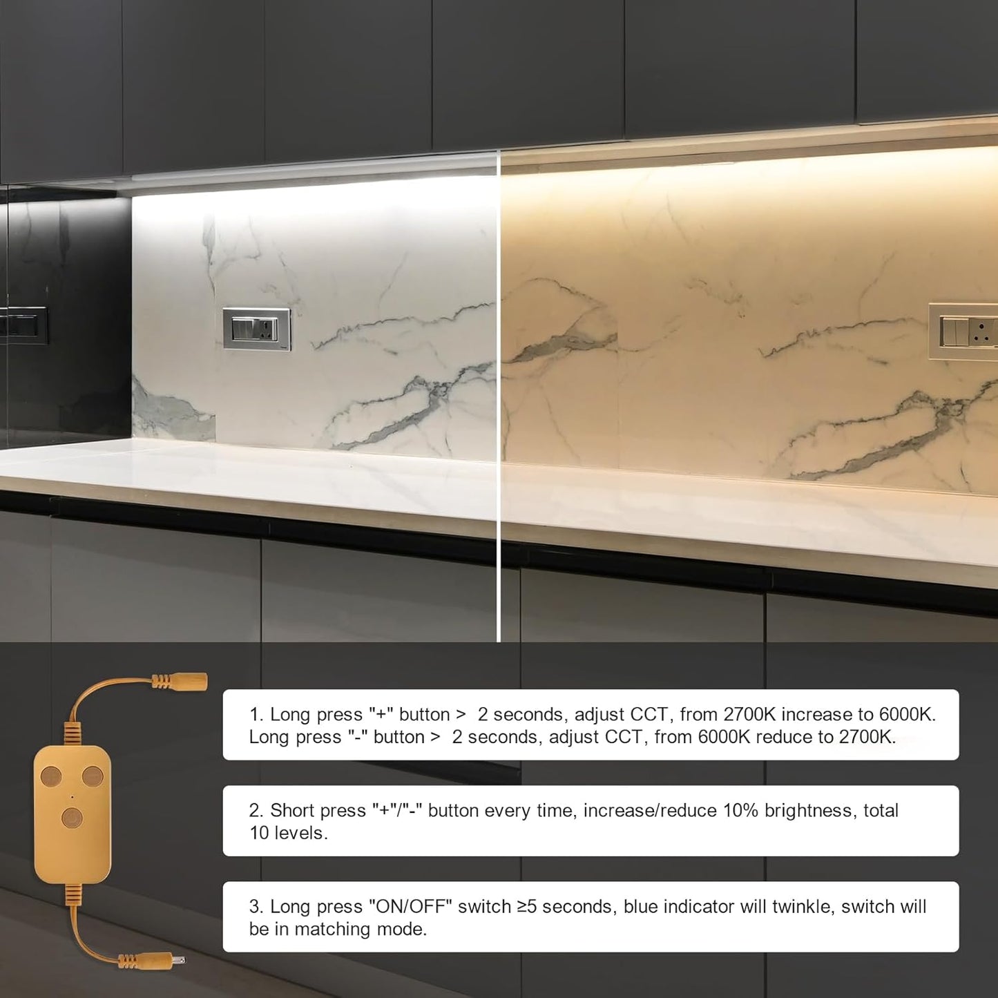 2pack 20inch Dimmable LED Under Cabinet Light Kit, 2700K to 6000K Smart LED Under Counter Lighting Fixture, Compatible with Alexa, Google Assistant, for Kitchen, Pantry, Shelf (Gold)