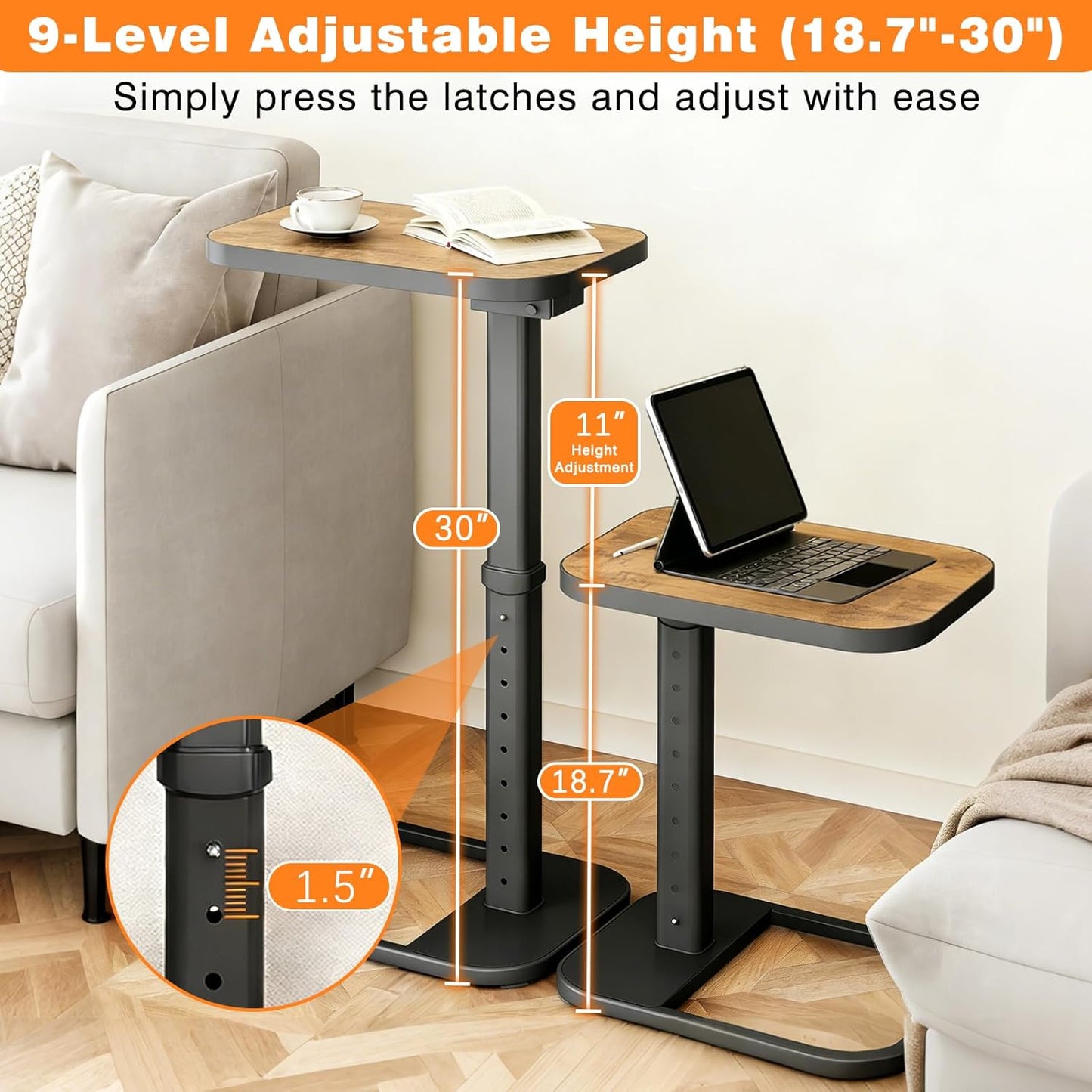 TV Tray Table, C Shaped End Side Table, Adjustable Height & Flip-Top & Rounded Metal Corners for Couch, Sofa, Bed, Chair, Living Room, Dinner or Laptop, Small Spaces