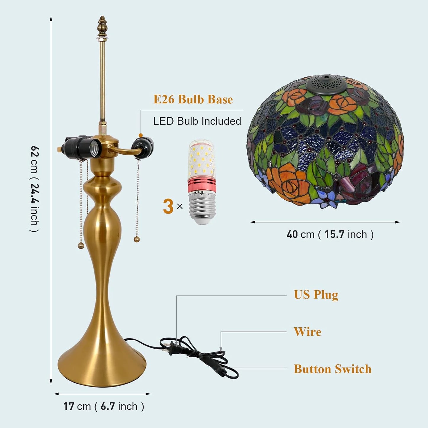 Tiffany Table Lamp Handmade Stained Glass Desk Lamps Gifts Iron Art Base 16" Wide 24" Tall Double Color Roses Style Vintage Reading Lamp for Office, Living Room, Bedroom, Study Room