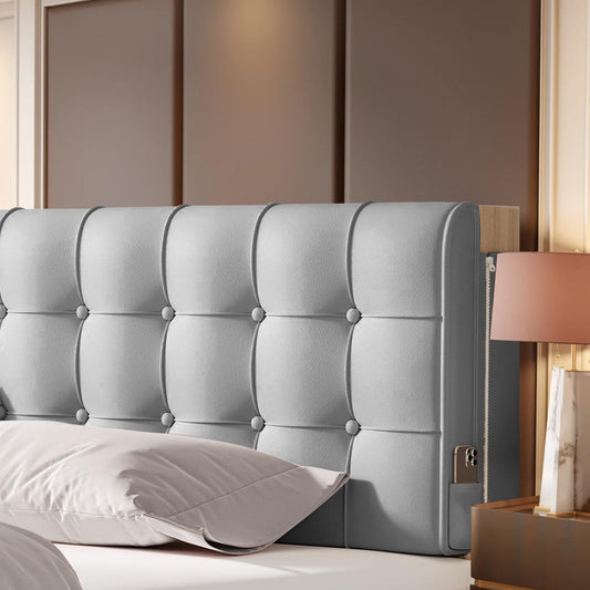 BCU Pillow Headboard Queen Size Upholstered Soft Tufted Headboard with Removable Cover Side Pocket for Adjustable Bed Reading Sofa, Grey