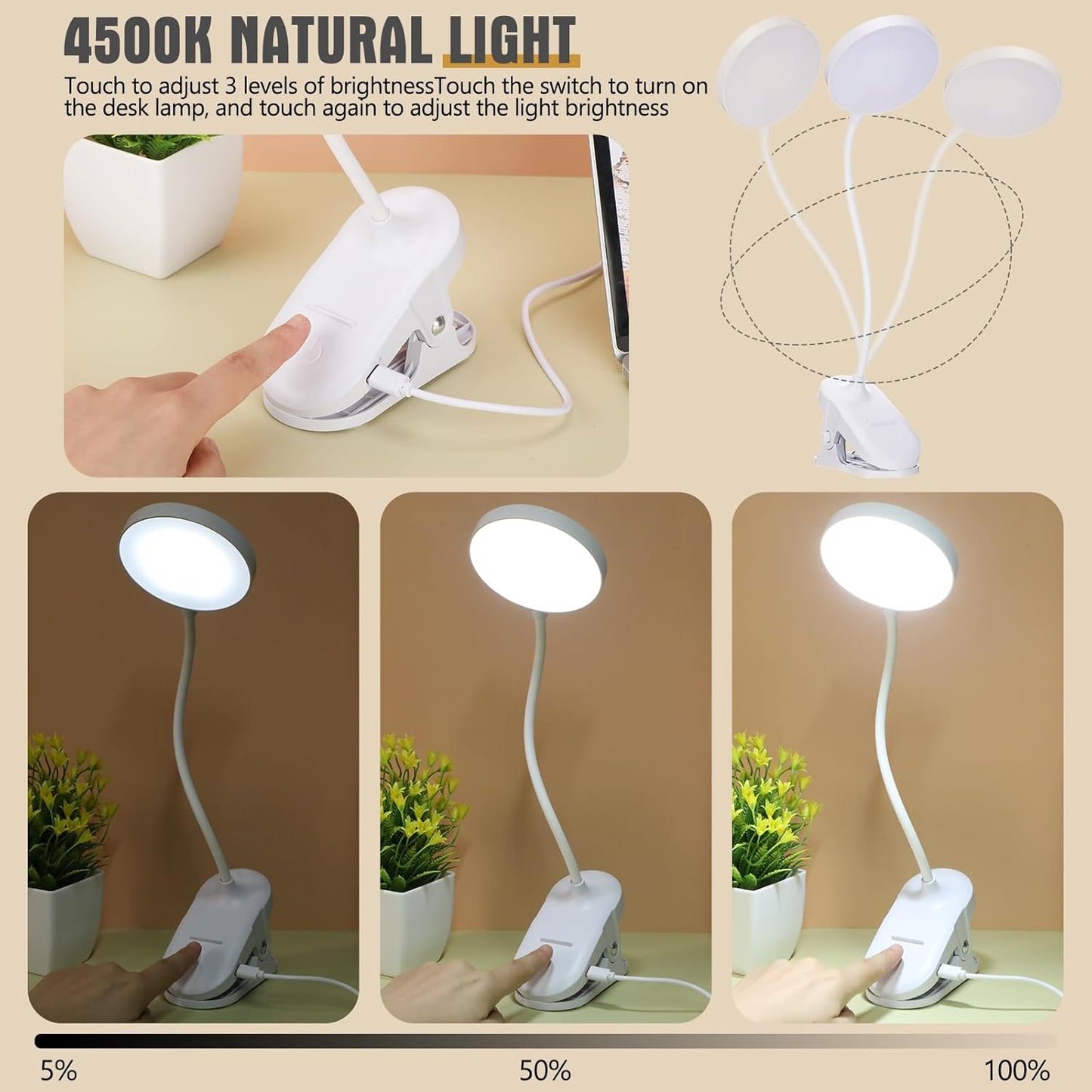 Retisee 12 Pcs Clip on Lamp Bulk LED Reading Light Book Lamp Clamp for Bed with 3 Brightness Level Night Light Clip on for Desk, Bed Headboard, USB Plug-in Style