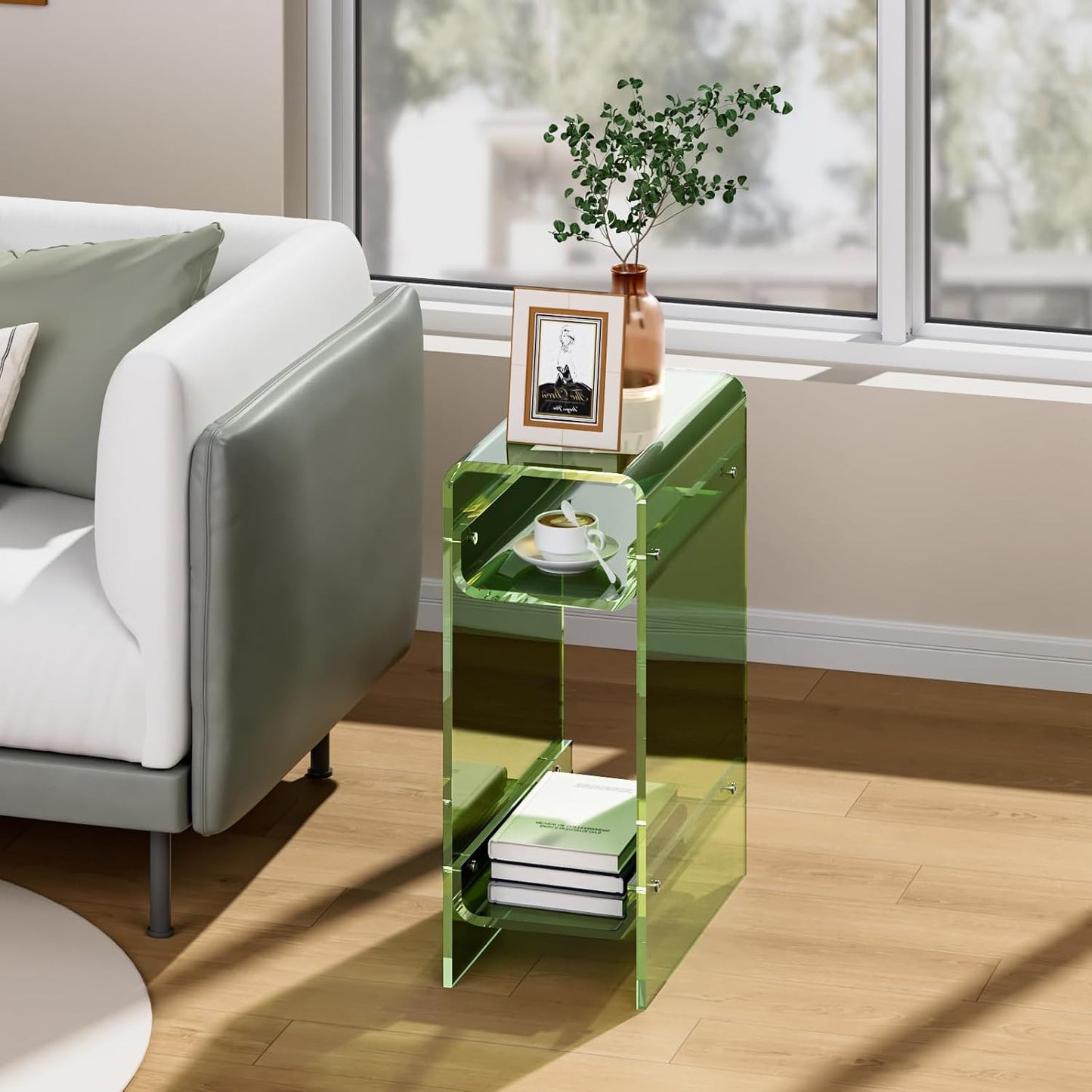 Clear Acrylic Side Table, Narrow Nightstand Bedside Table for Bedroom, Skinny Small End Table (Green, 8.7'' x 15.7'' x 21.7")