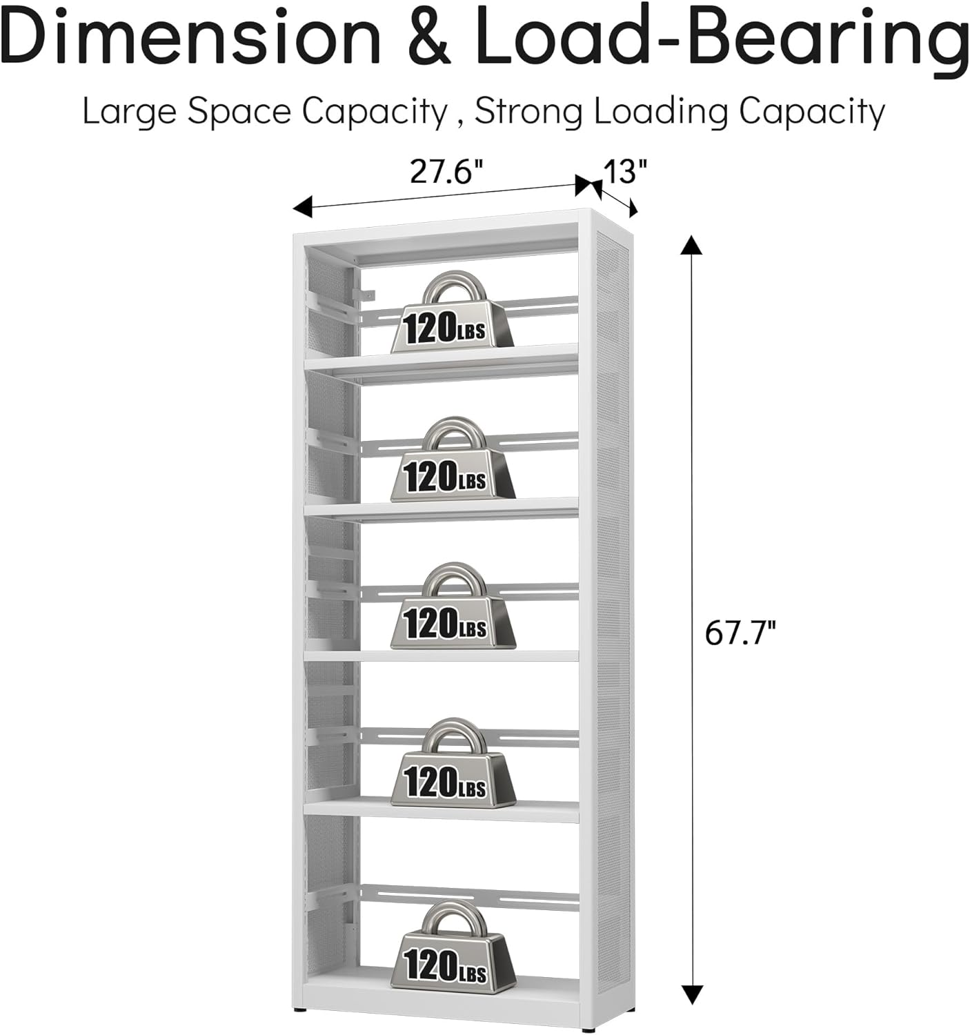 [Heavy Duty] Metal 5 Tier Bookshelf, 68" Tall Bookcase, Large Open Storage Shelf, Floor Standing Bookshelves and Bookcases for Home Office, Library, Living Room, Bedroom, White, Assemble Required