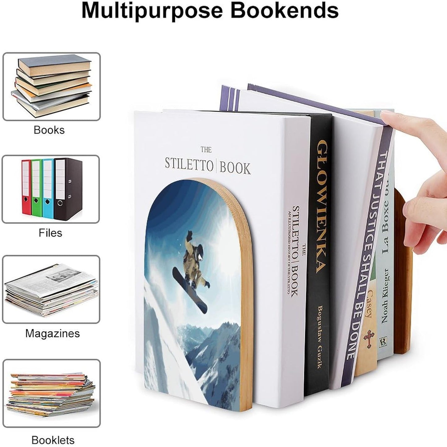 Non-Slip Bookend for Shelves Snowboarding Wooden Bookends with Metal Base Decorative Book Stopper for Home Heavy Duty Wood Book Storage for Books/CDs