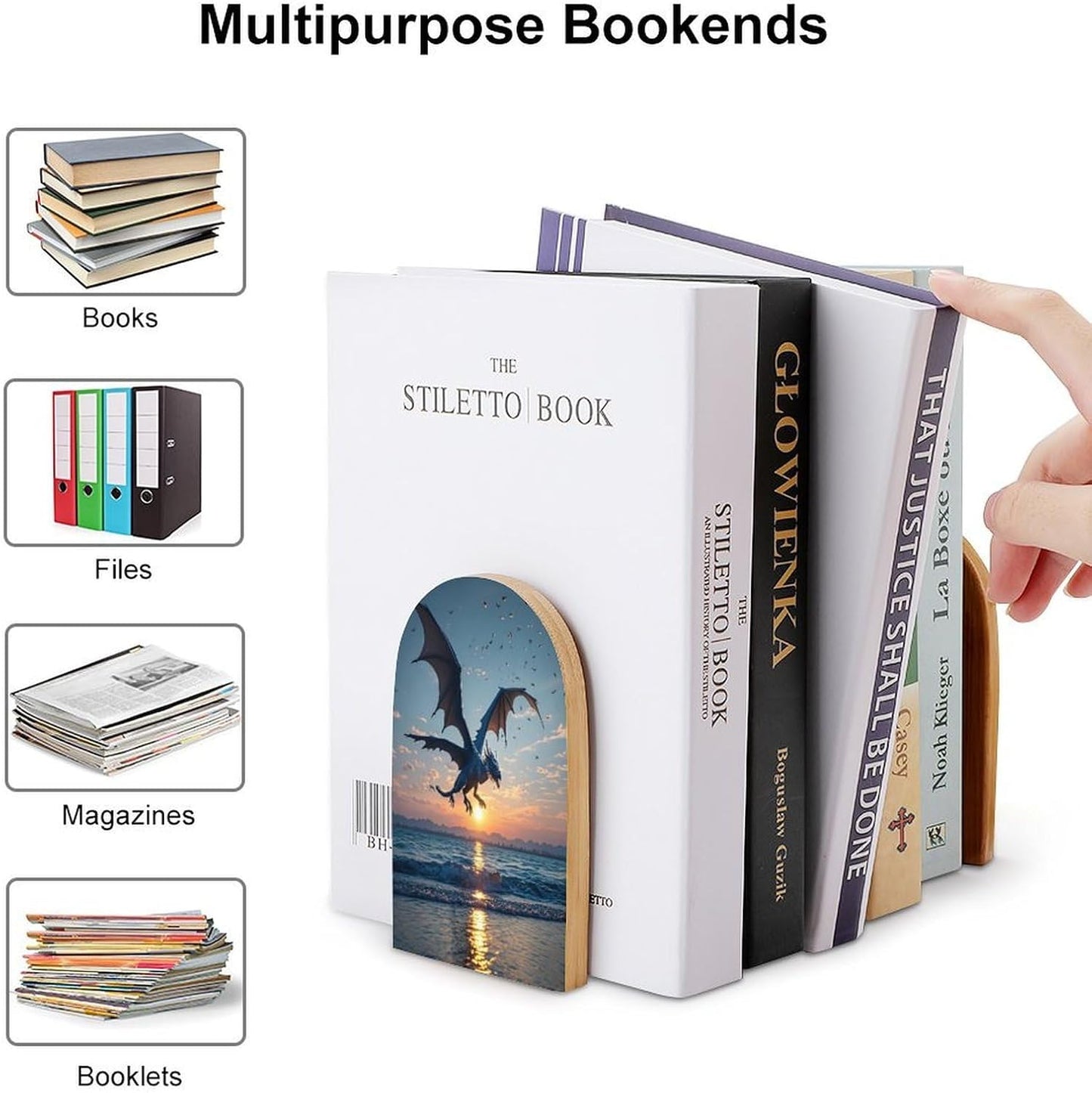 Sea Sunset Flying Dragon Bookends 1 Pair Heavy Duty Book Ends for Shelves Non-Skid Bookend Supports Wooden Book Holders with Metal Base Desk Organizers Books Storage to Hold Books