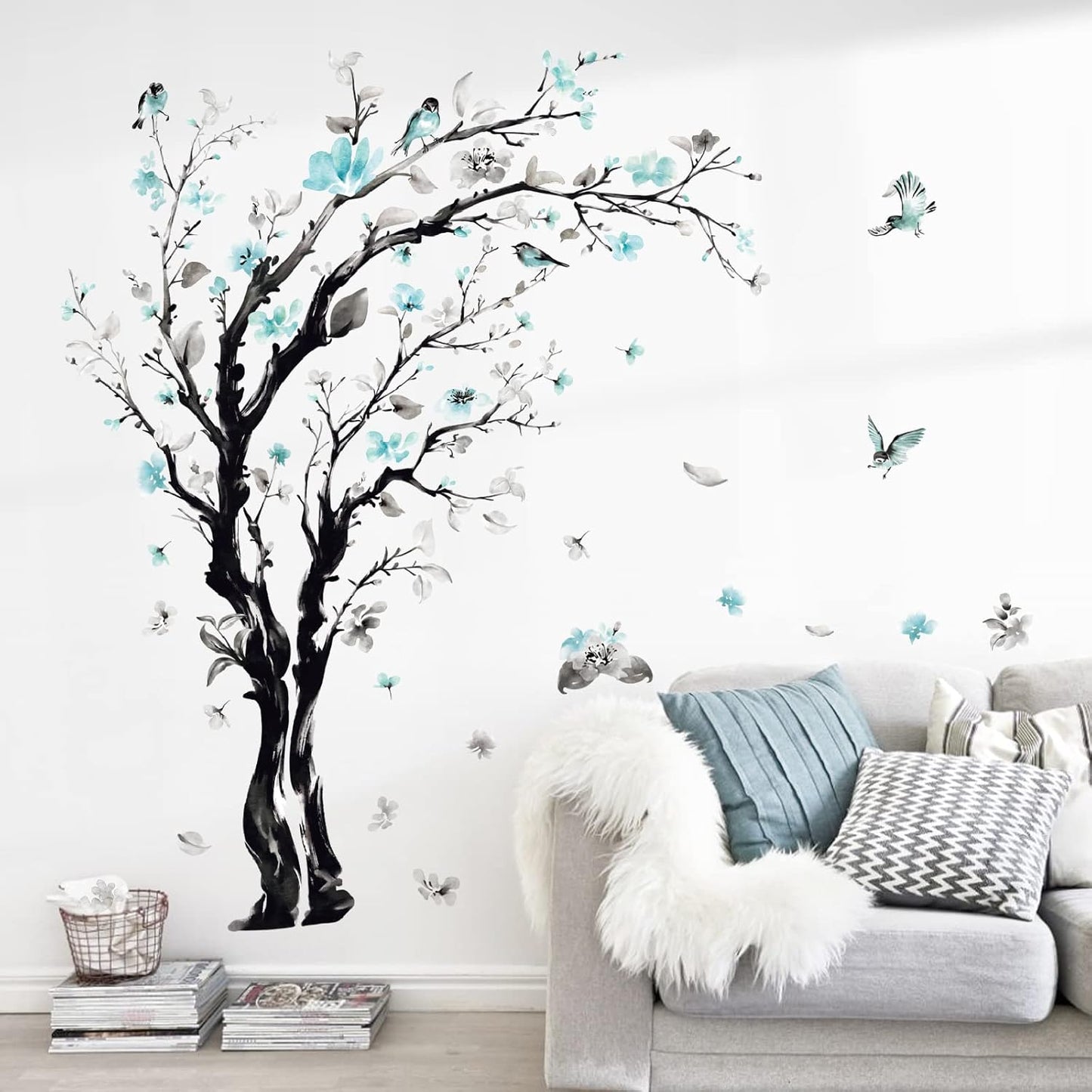 decalmile Large Watercolor Tree Wall Decals Blue Flower Branch Wall Stickers Living Room Bedroom Kitchen Wall Decor(H:63/48 Inches)