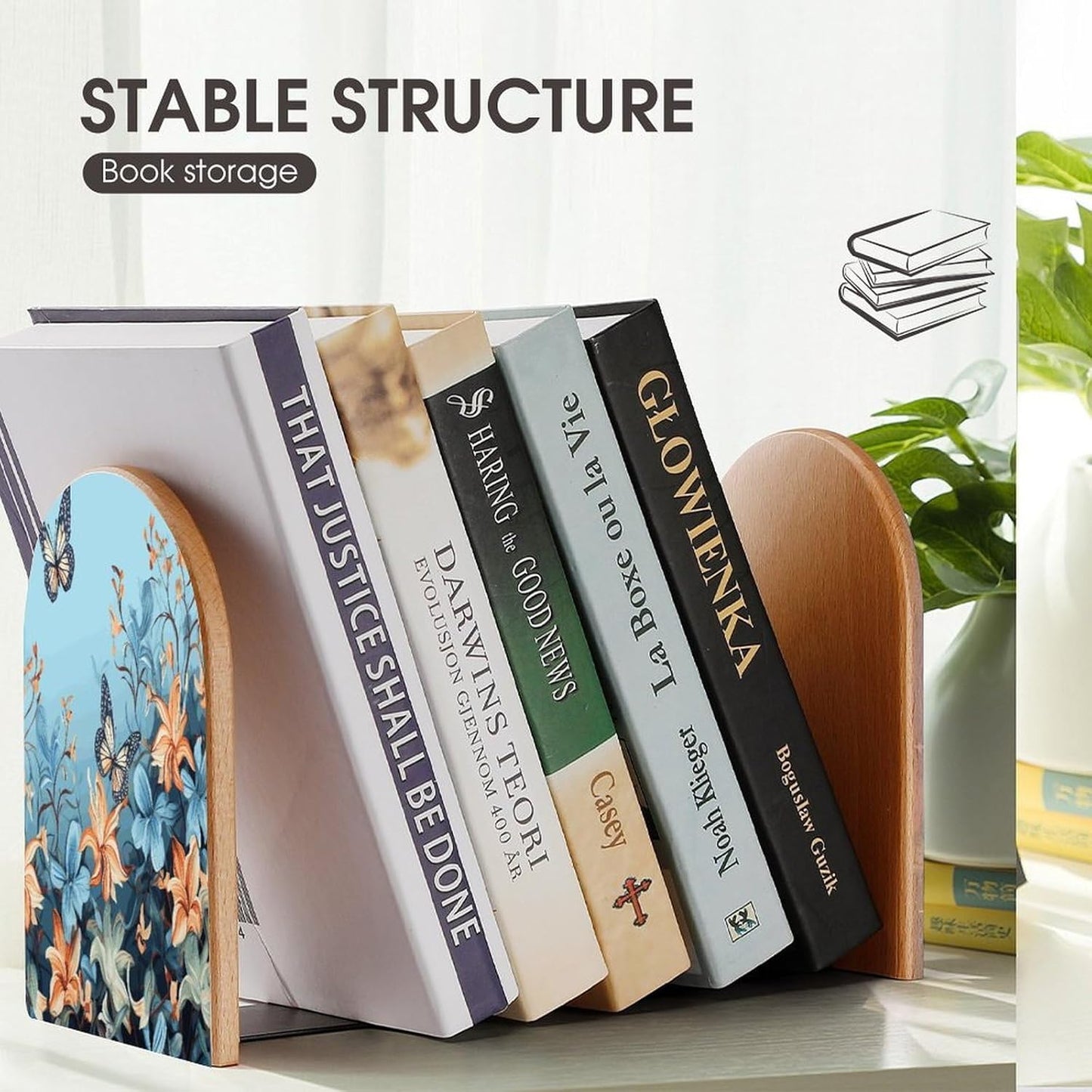 Blue Butterfly Floral Bookend for Shelves Wooden Book End Large Size Sturdy Book Holders Stoppers with Metal Base for Bookshelves Slick Decorative Bookends Stands