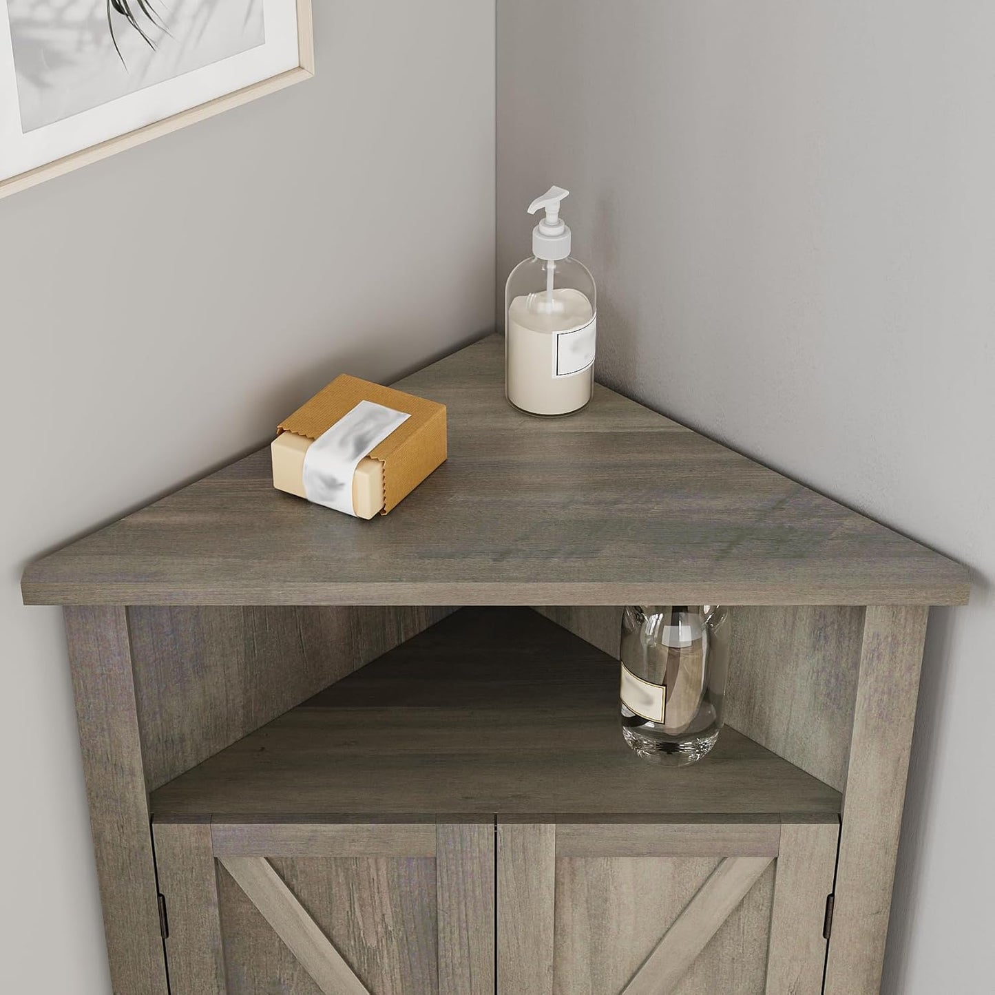 Bathroom Corner Cabinet, Farmhouse Floor Corner Cabinet with Doors and Adjustable Shelves, Freestanding Wooden Storage Hutch Cupboard for Bathroom, Kitchen, Living Room,Grey