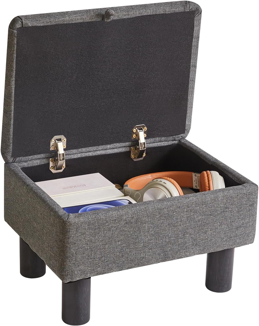 Linen Small Ottoman Foot Rest, Foot Stools with Storage Small, Upholstered Rectangle Wood Ottoman with Safety Hinge Flip Top, Bed Stool for Bedroom Dorm Light Gray YD-JD1364