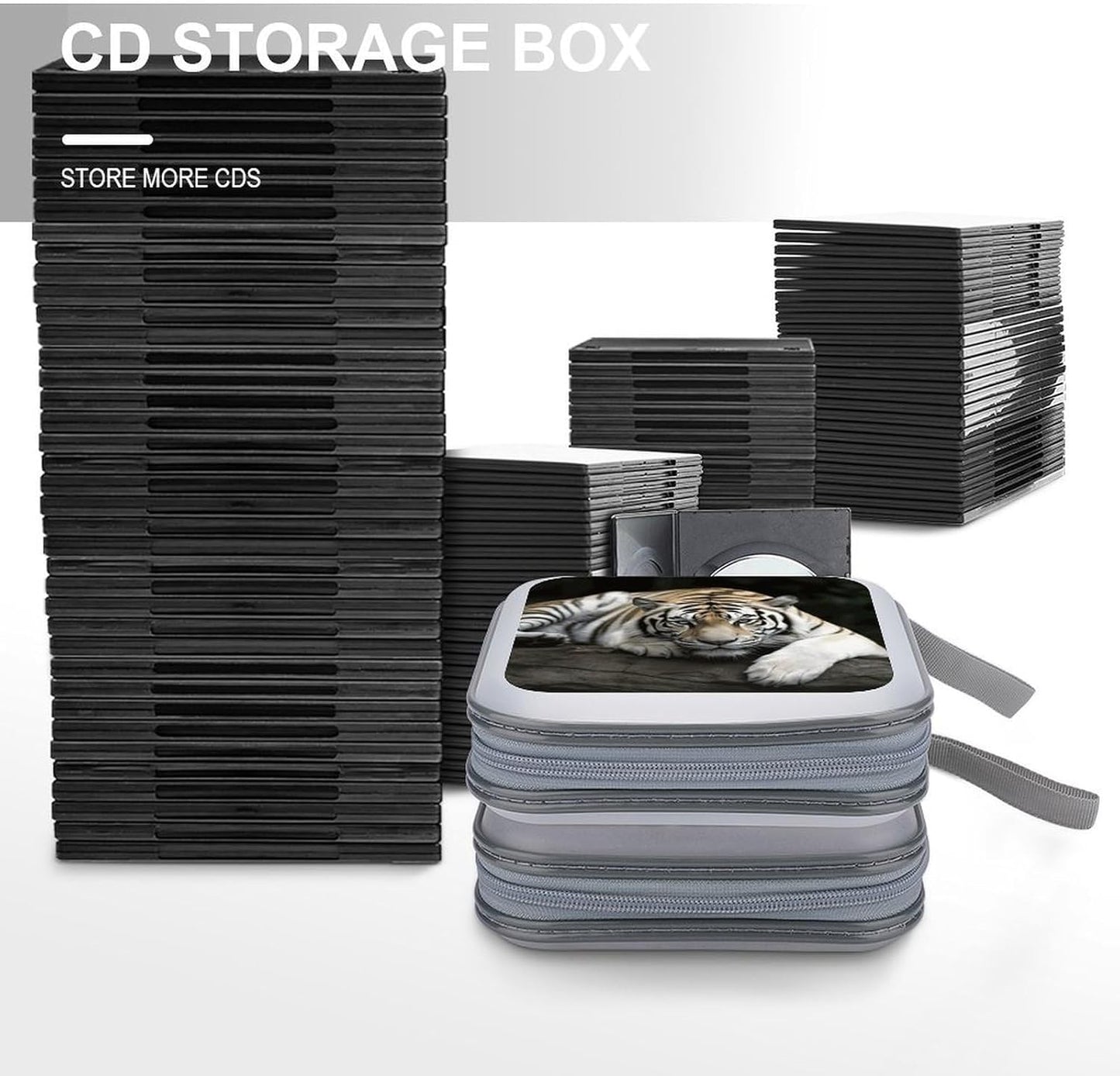 Tiger Lie On Rock CD Case 40 Capacity Case Zipper CD Collection Bag with Handles Cover DVD Storage Hard Plastic DVD Disc Cases Storage Binder for Car Home Office Travel