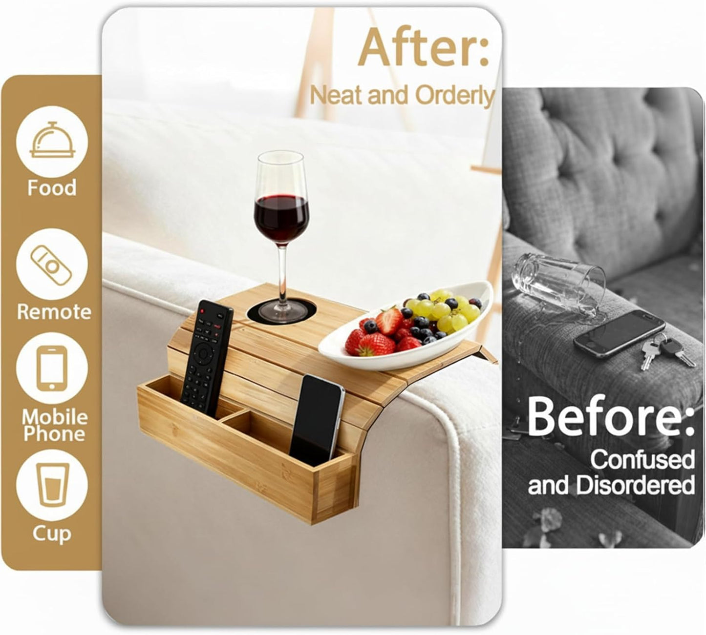 Bamboo Sofa Armrest Tray Foldable Couch Arm Tray Non Slip Sofa Armrest Table with Cork Coasters Color Natural Couch Armrest Organizer for Drinks Mobile Phone TV Remote Control Snacks