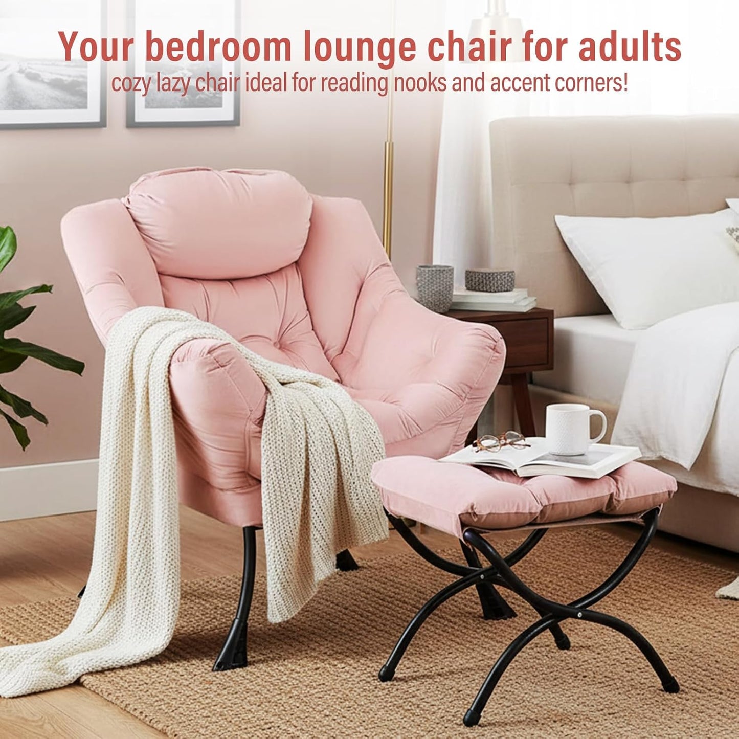 Lazy Chair with Ottoman, Modern Chair with Folding Footrest, Lounge Accent Chair, Comfortable Reading Chair, Oversized Armchairs for Bedroom, Study, Living Room, Courtyard (Pink)
