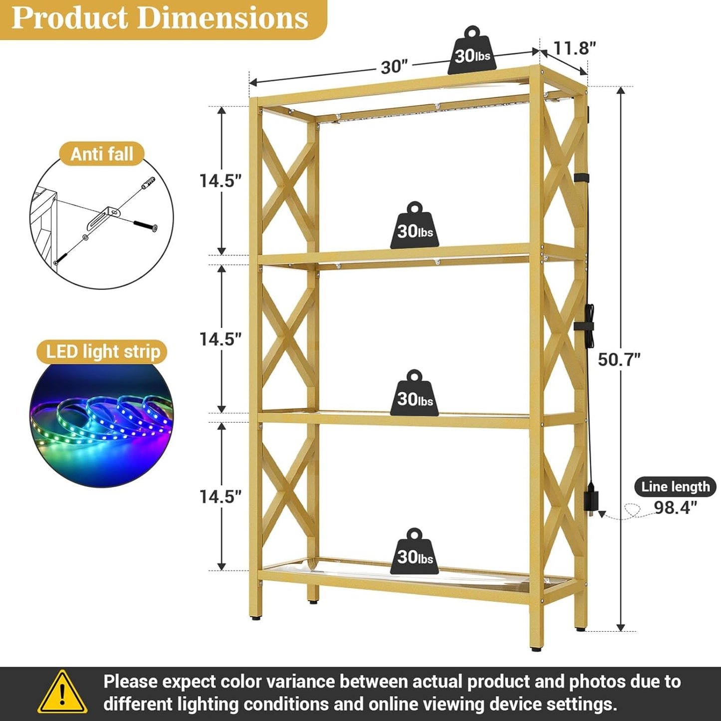 Homieasy 4 Tier Gold Bookshelf with LED Lights, Tempered Glass Display Shelf with Metal Frame, Modern Bookcase with X-Side Guards, Luxury Storage for Living Room, Bedroom & Office