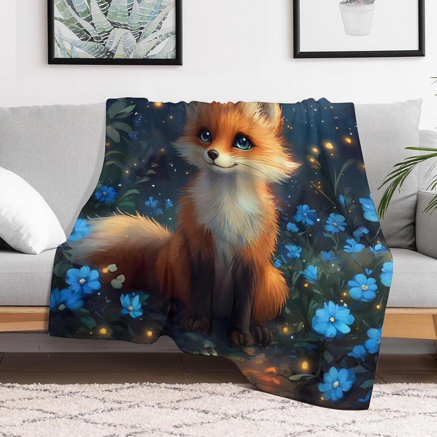 Fox Flowers Throw Blanket for Couch Bed Plush Cozy Fuzzy Flannel Blanket for All Season 40"x50"
