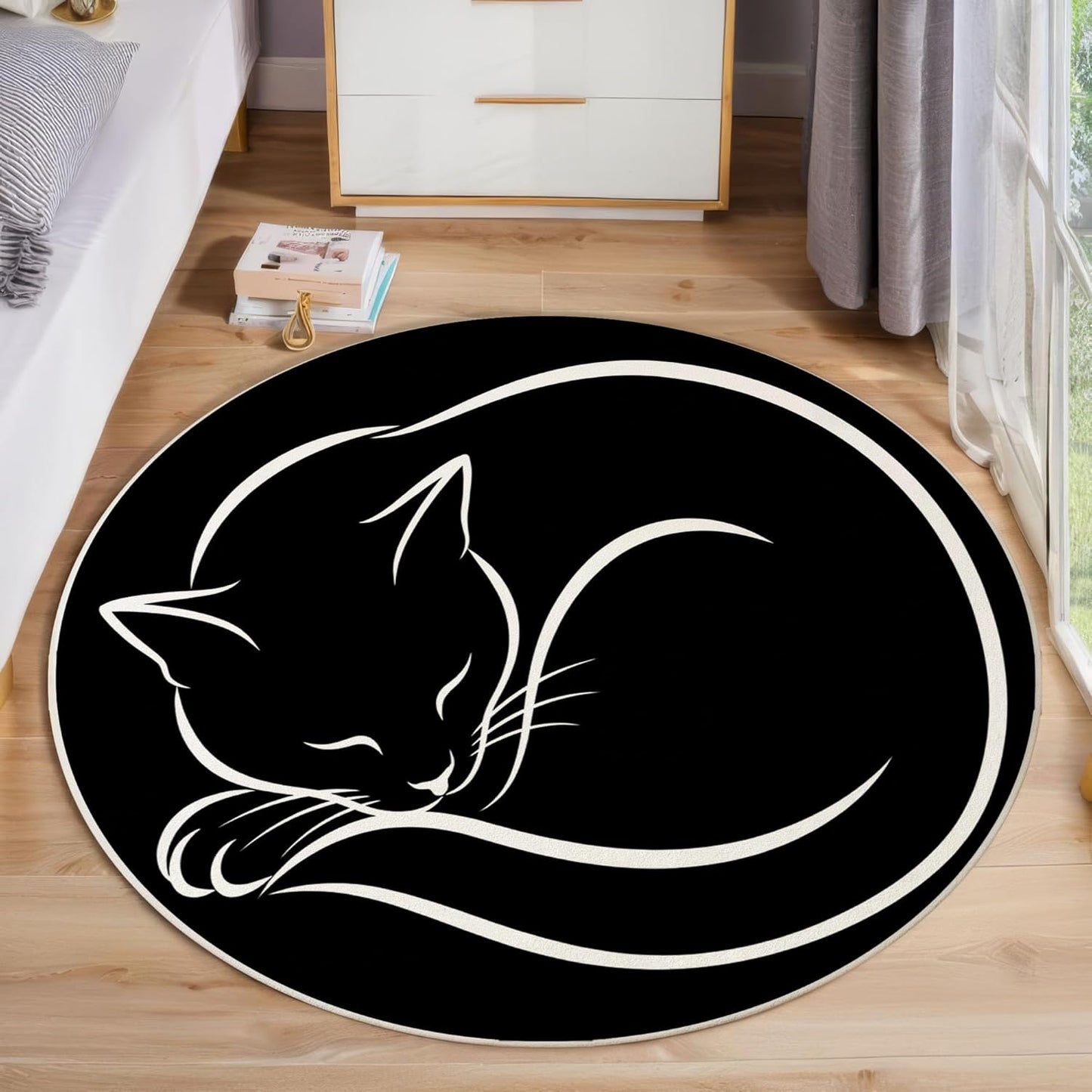 Round Area Rug, 4Ft Washable Non-Slip Black Simple Lines Cat Circle Rug, Soft Low-Pile Cute Animal Indoor Small Circular Carpet for Bedroom Entryway Dining Living Room
