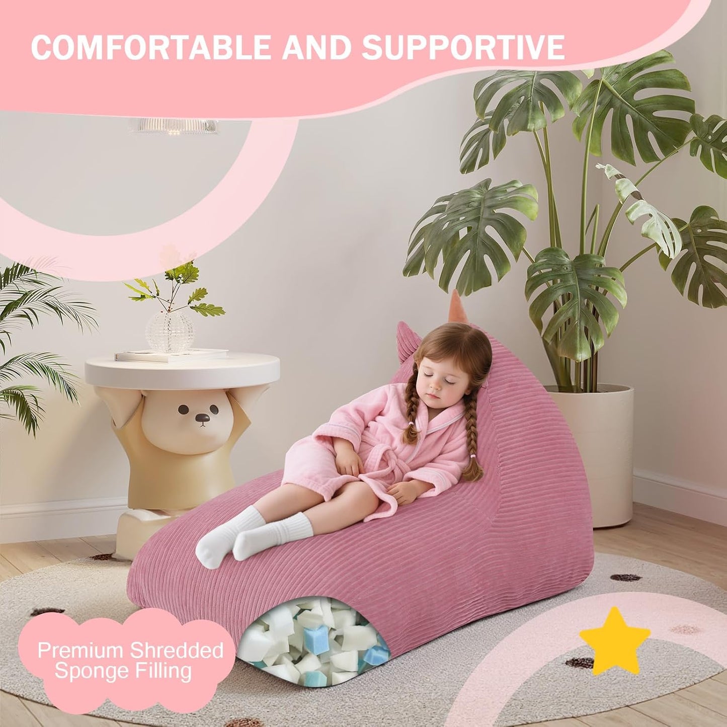 COMAX Bean Bag Chairs for Kids, Unicorn Kid Beanbag Chair with Filler, Toddler Lounge Bean Chair Corduroy, Lazy Floor Lounger for Girls and Boys Stuffed, Pink