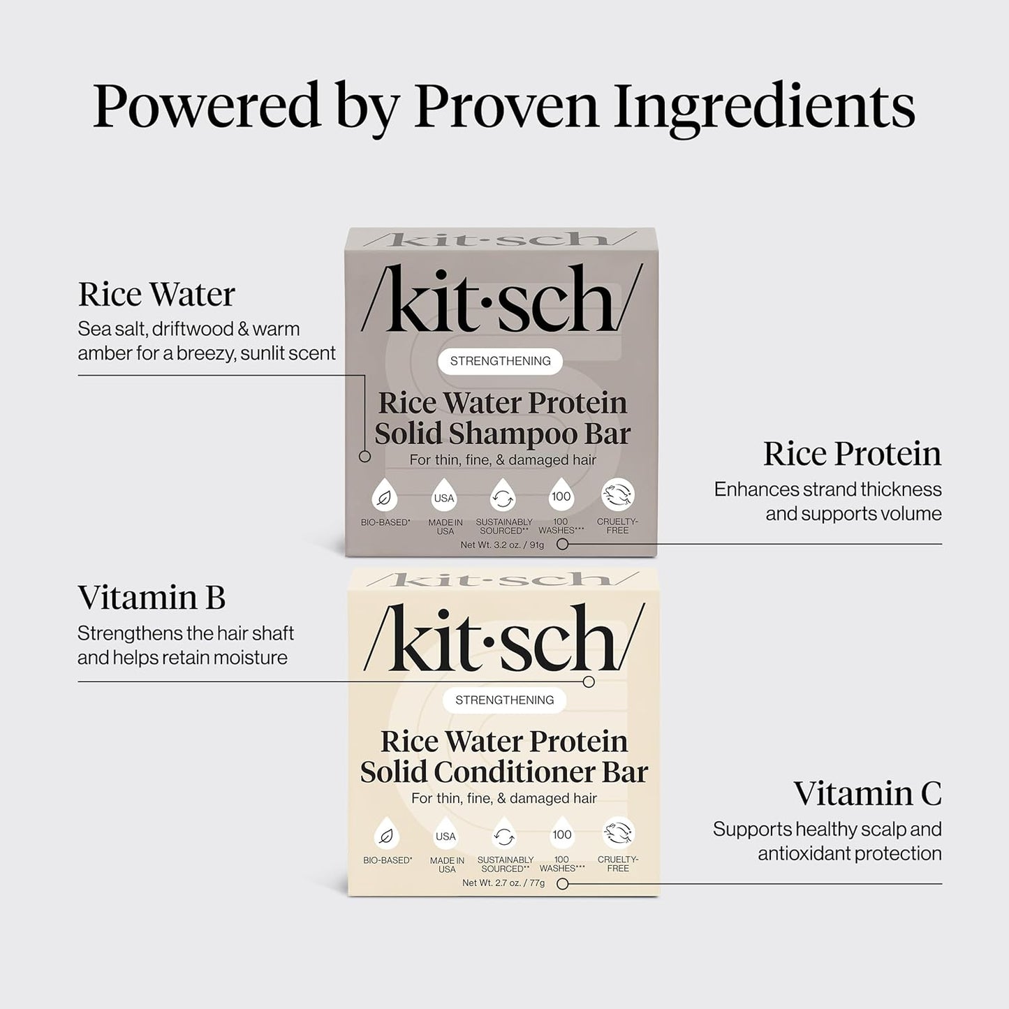 Kitsch Rice Water Protein Solid Shampoo and Conditioner Set for Hair Growth – Strengthening Hair Care Duo w/Rice Protein & Vitamins for Damage Repair – Paraben, Sulfate & Silicone Free, Made in USA