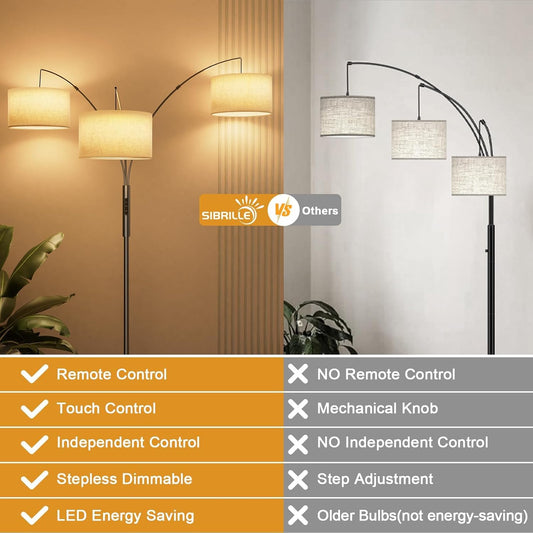36W Corner Floor Lamp Dimmable - 3 Lights Arc Floor Lamps Standing Lamp with Remote & Touch Control, Tall Lamp for Living Room Corner, Bedroom, Office
