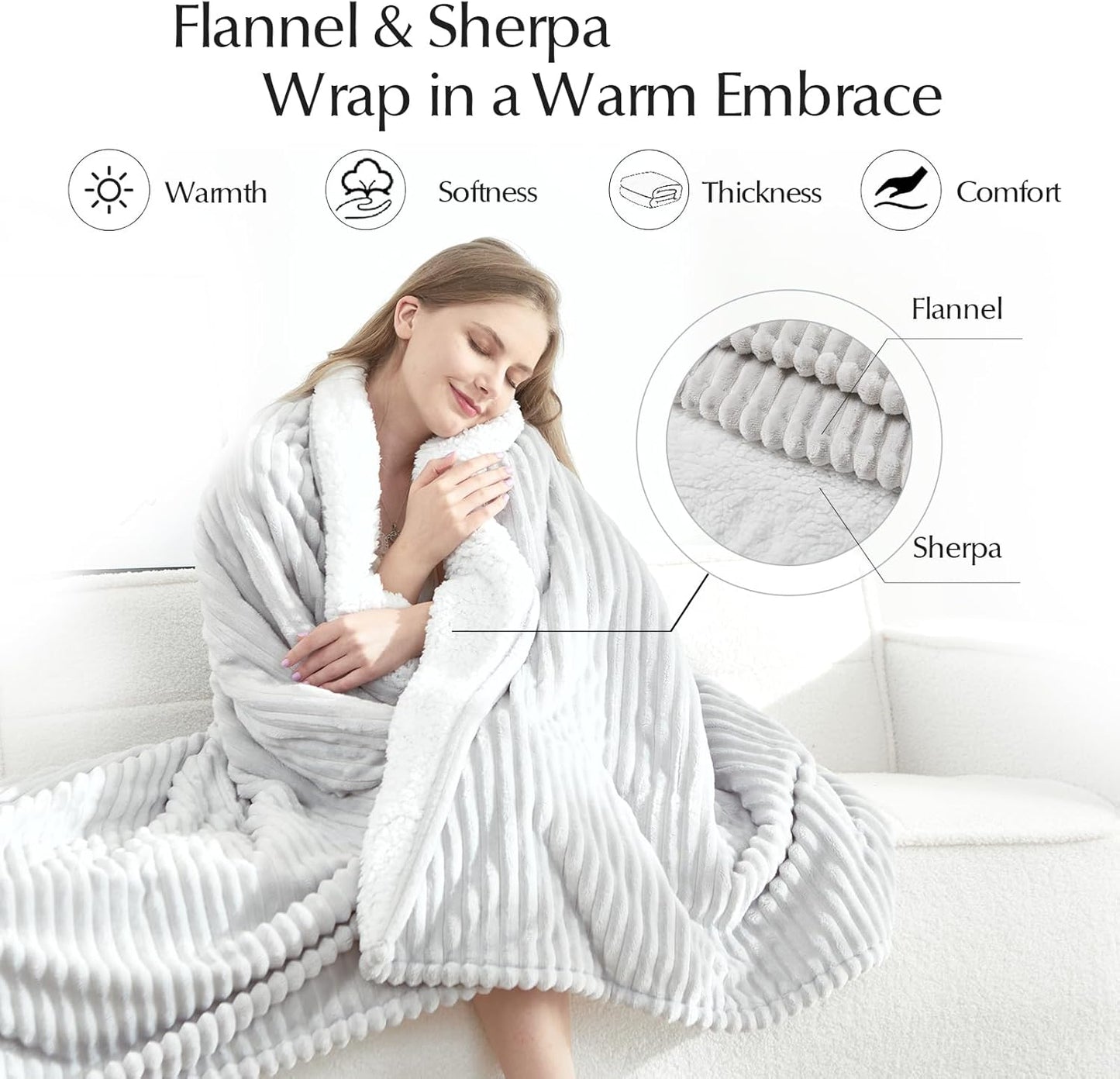 Electric Heated Blanket Twin Size, Soft and Cozy Thickened Stripe Flannel and Sherpa Electric Blanket for Bed, Automatic Safety System 6 Heating Levels & 10 Hours Auto-Off, 62"x84" Light Grey