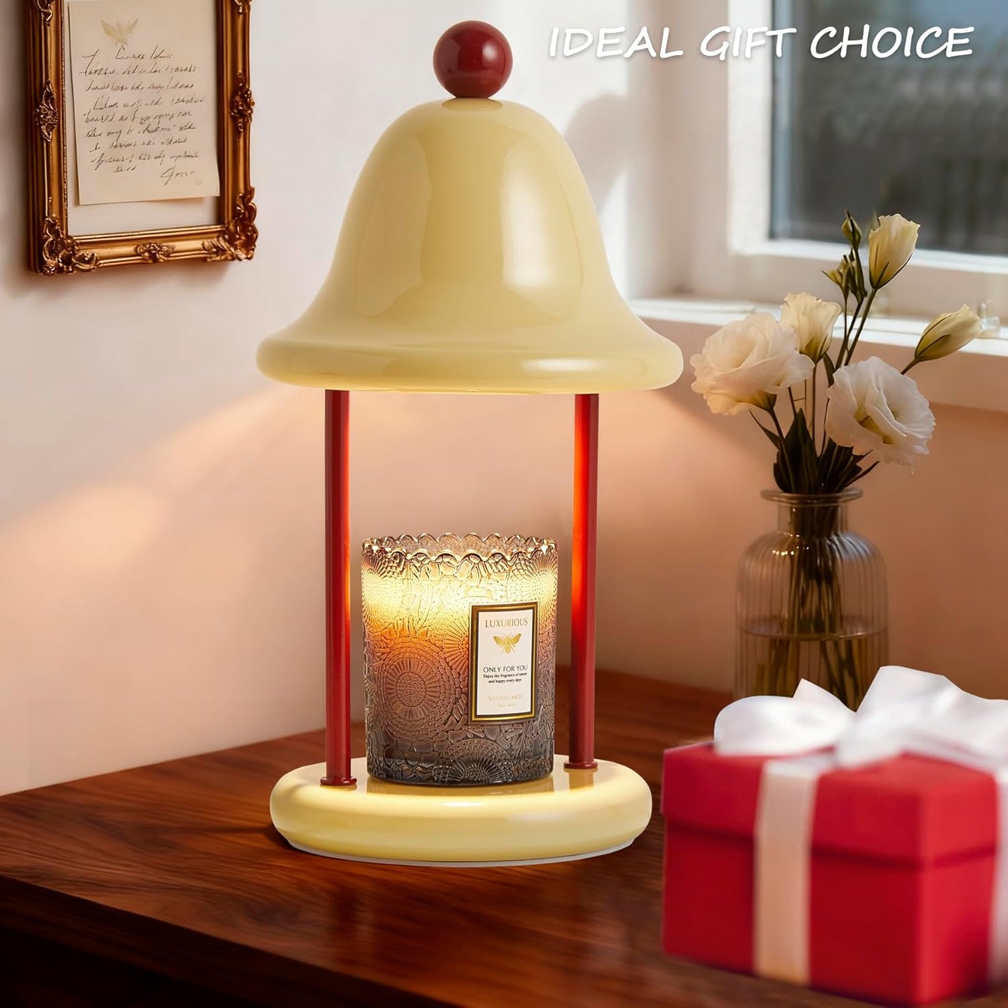 Bell Candle Warmer Lamp with Timer Dimmable, Bedroom House Office Aesthetic Living Girls Room New Home Decor, Christmas Birthday New Year Gifts for Women Mom - Light Yellow & Red